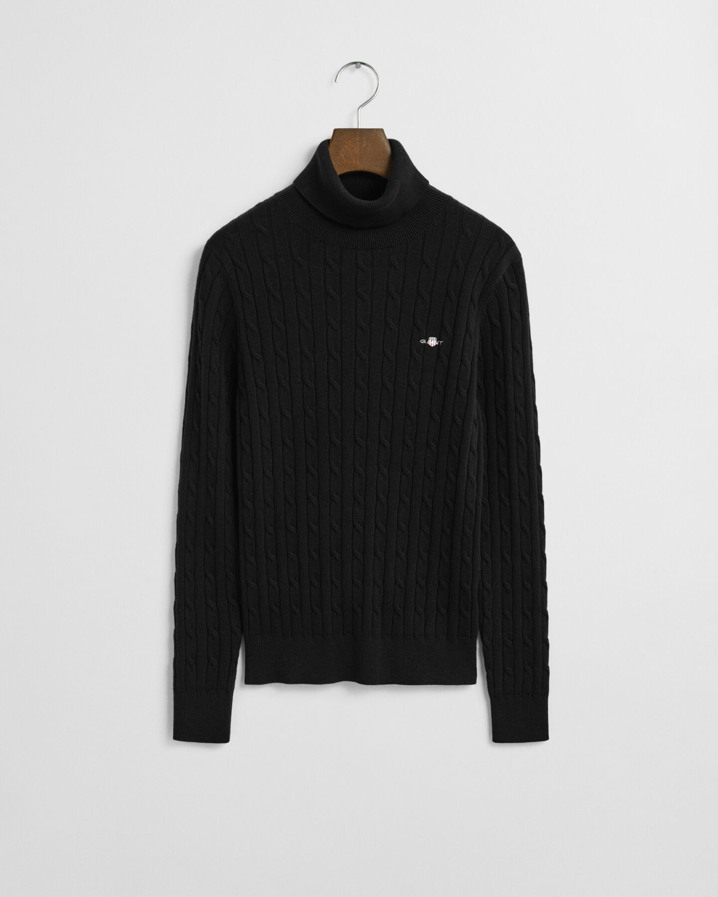 Stretch Cotton Cable Knit Turtleneck Sweater