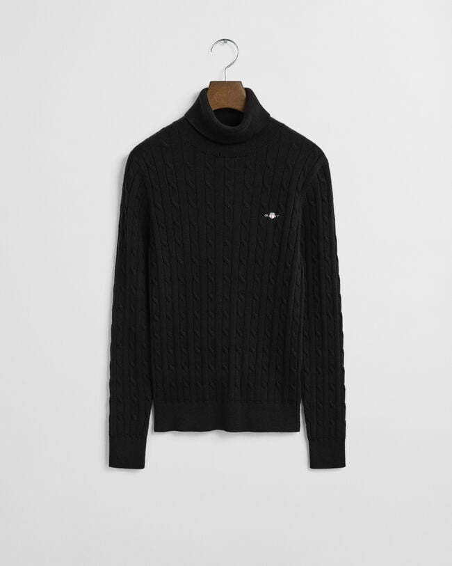 Stretch Cotton Cable Knit Turtleneck Sweater