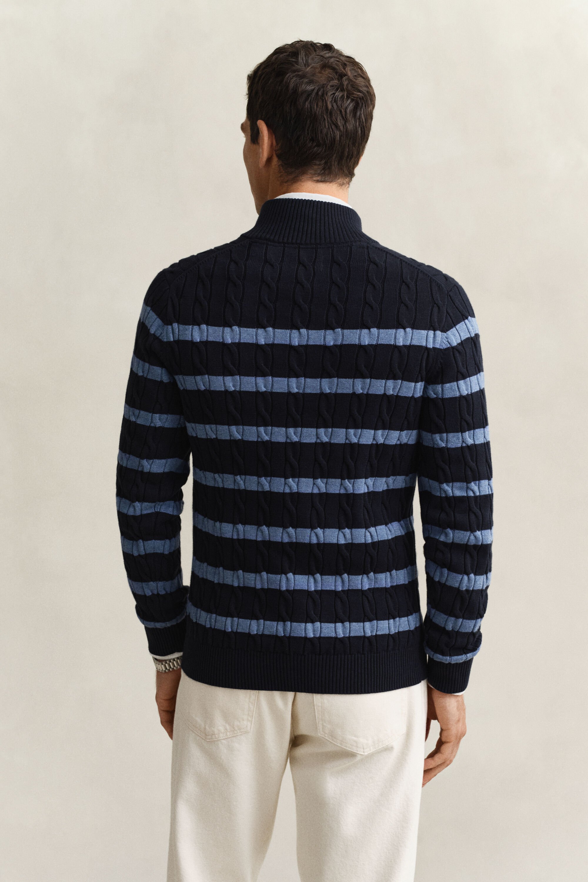 Striped Cotton Cable Knit Half-Zip Sweater