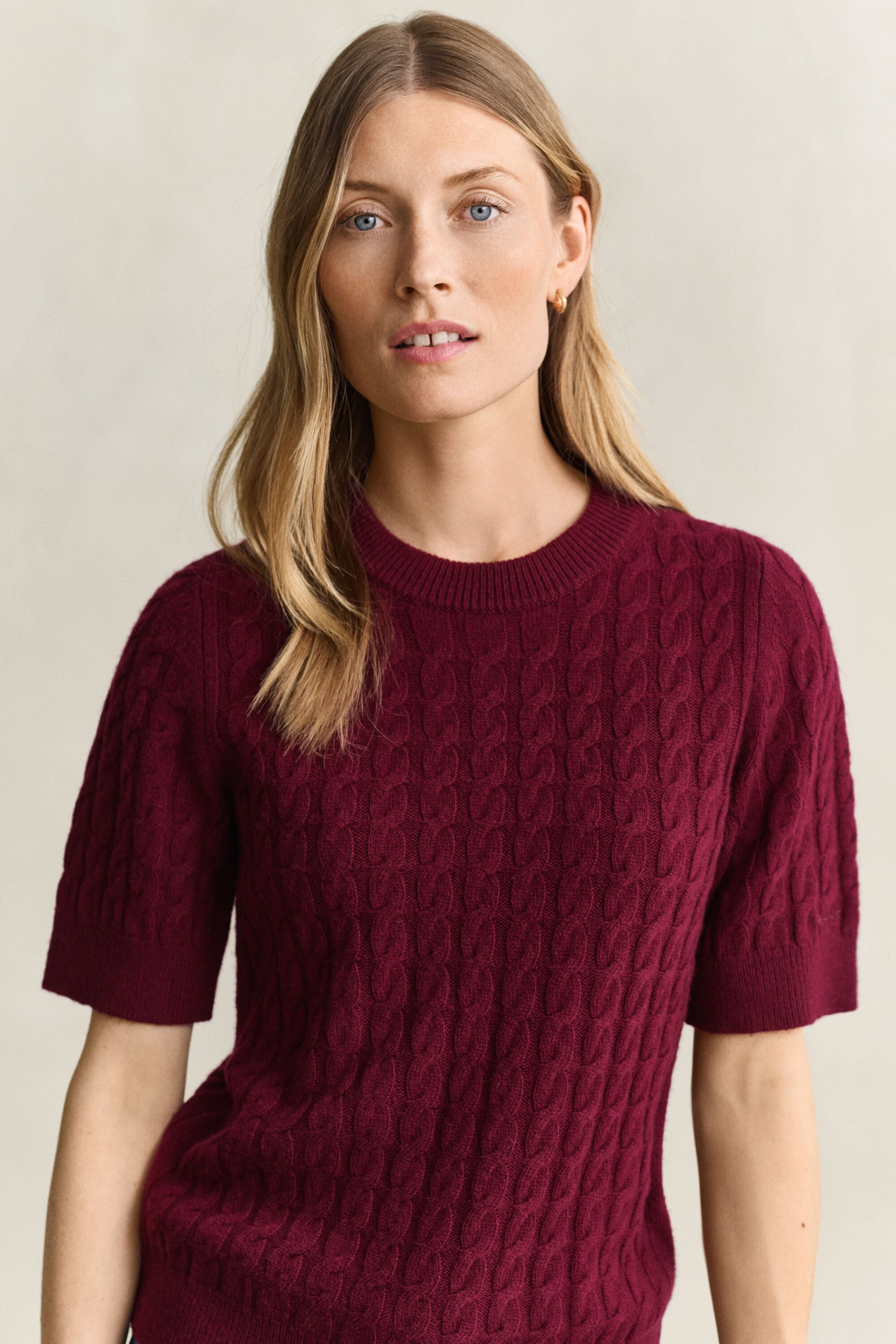 Wool Cashmere Cable Knit Short Sleeve Sweater