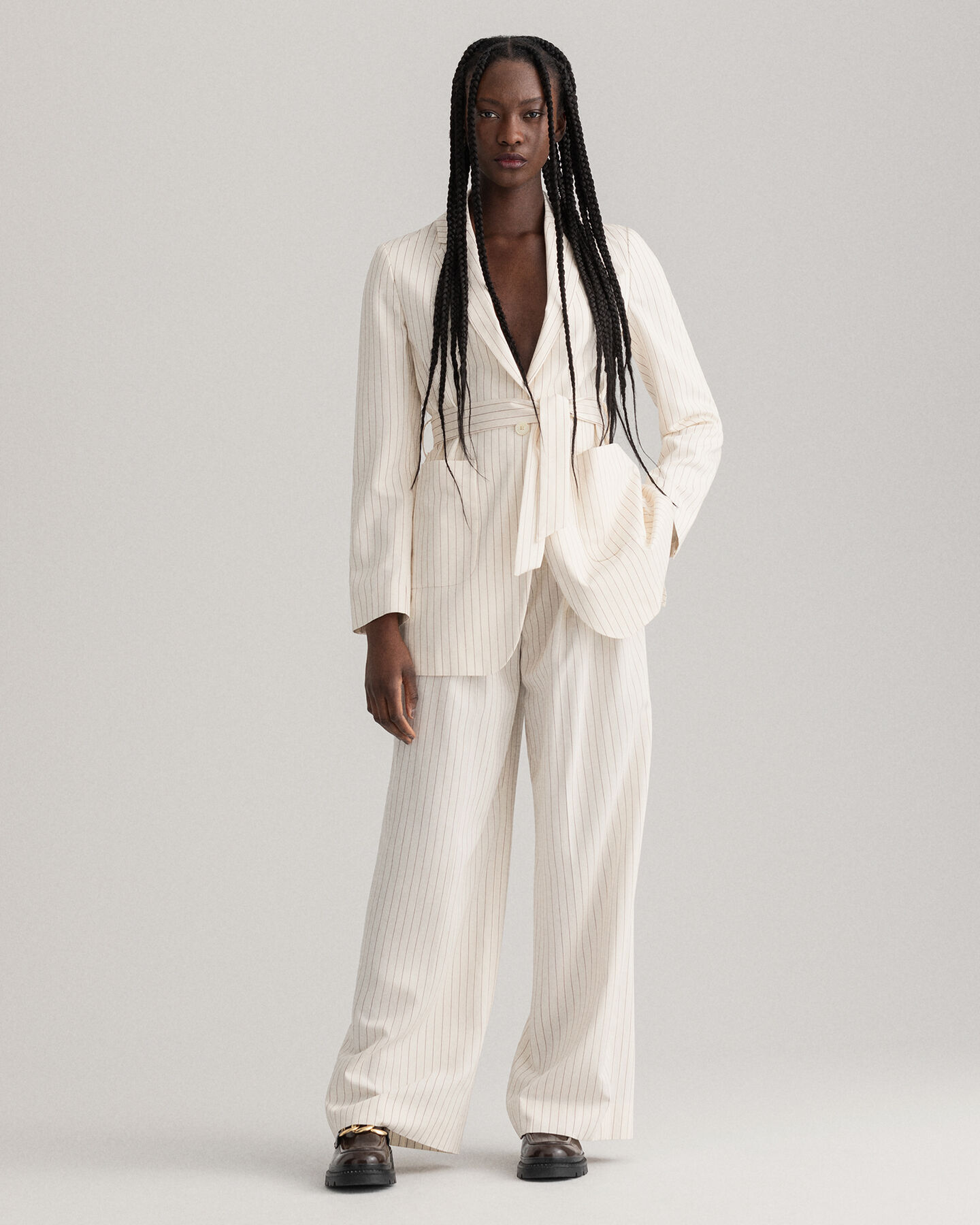 Pinstripe Belted Blazer