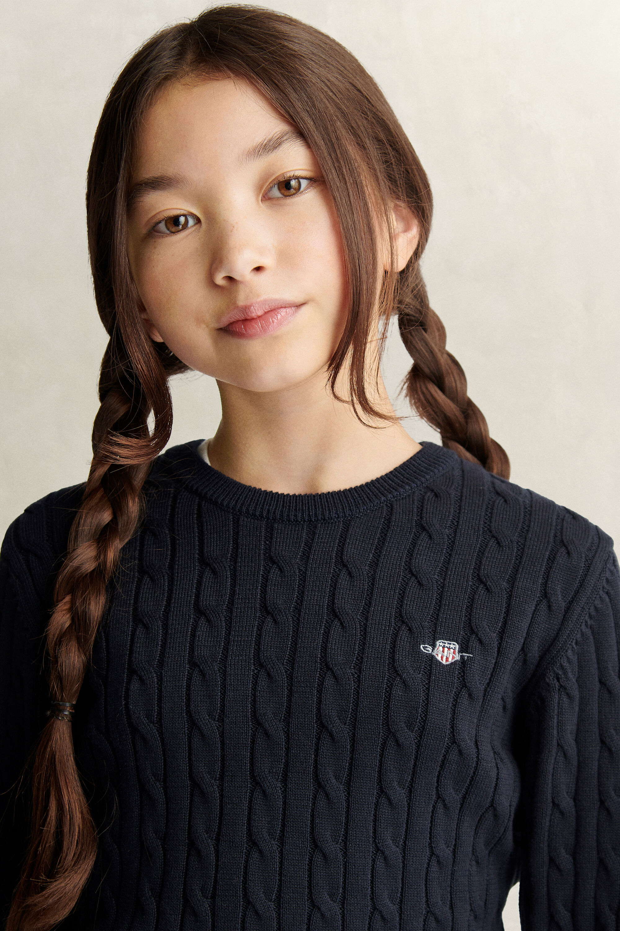 Teen Girls Shield Cable Knit Sweater