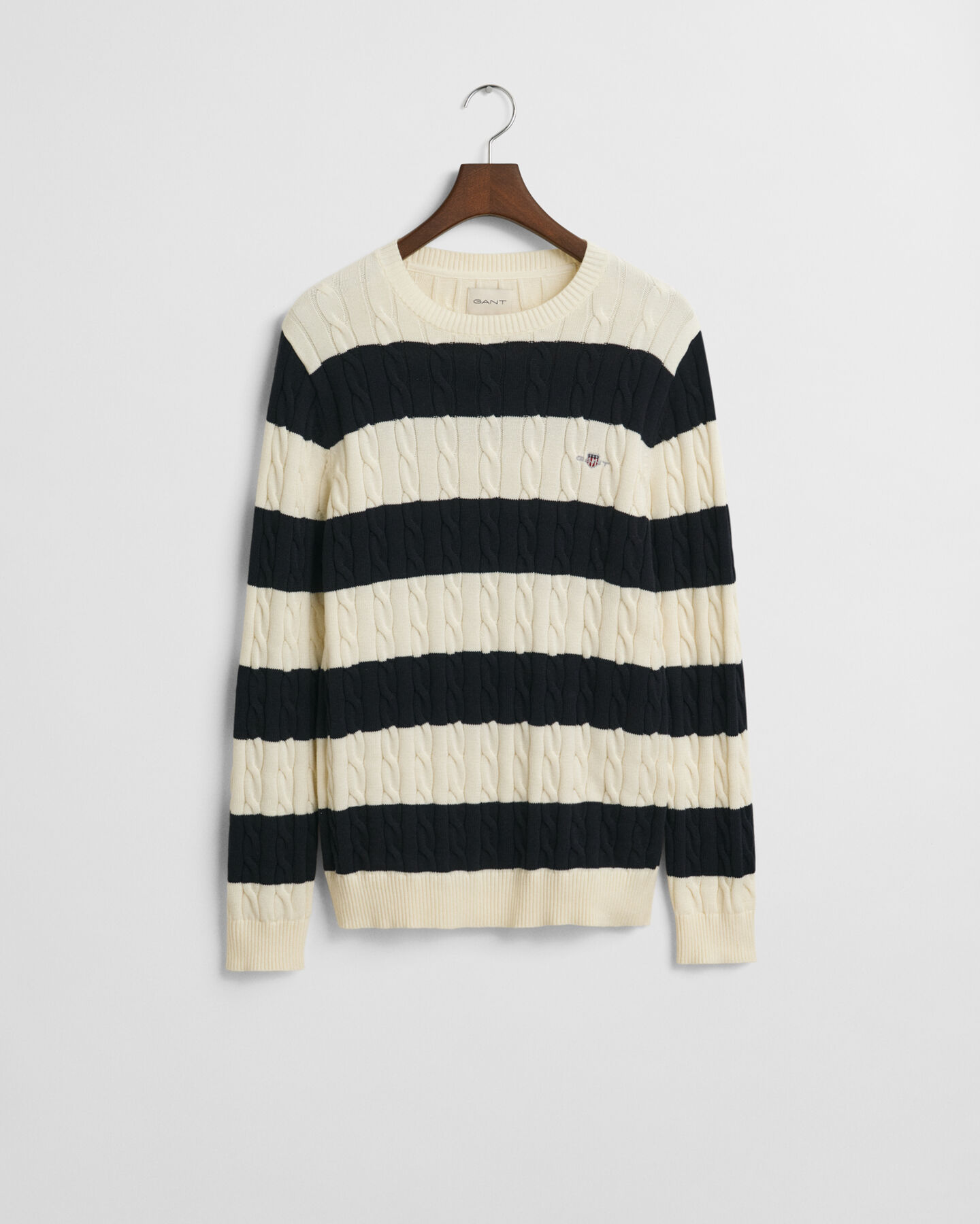 Striped Cotton Cable Knit Crew Neck Sweater