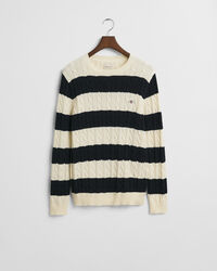 Striped Cotton Cable Knit Crew Neck Sweater