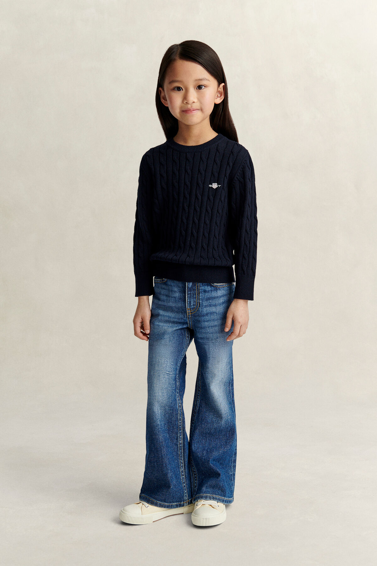 Girls Shield Cable Knit Sweater — EVENING BLUE