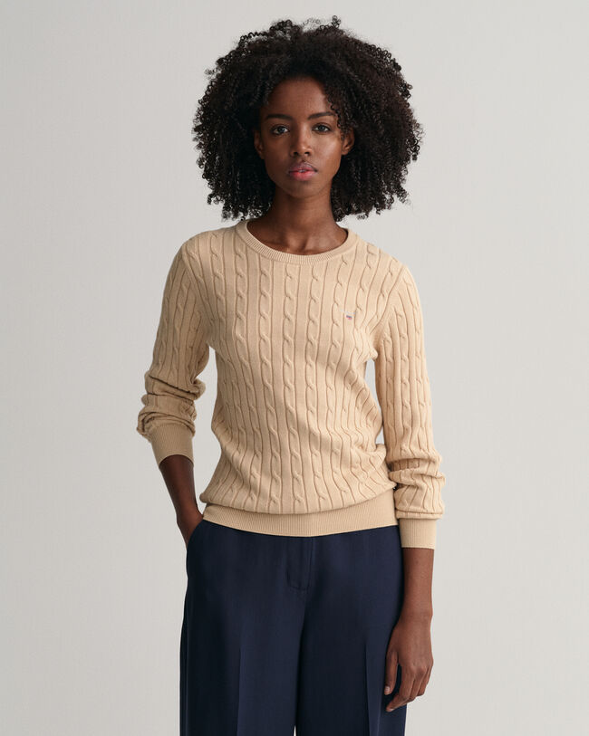 Stretch Cotton Cable Knit Crew Neck Sweater