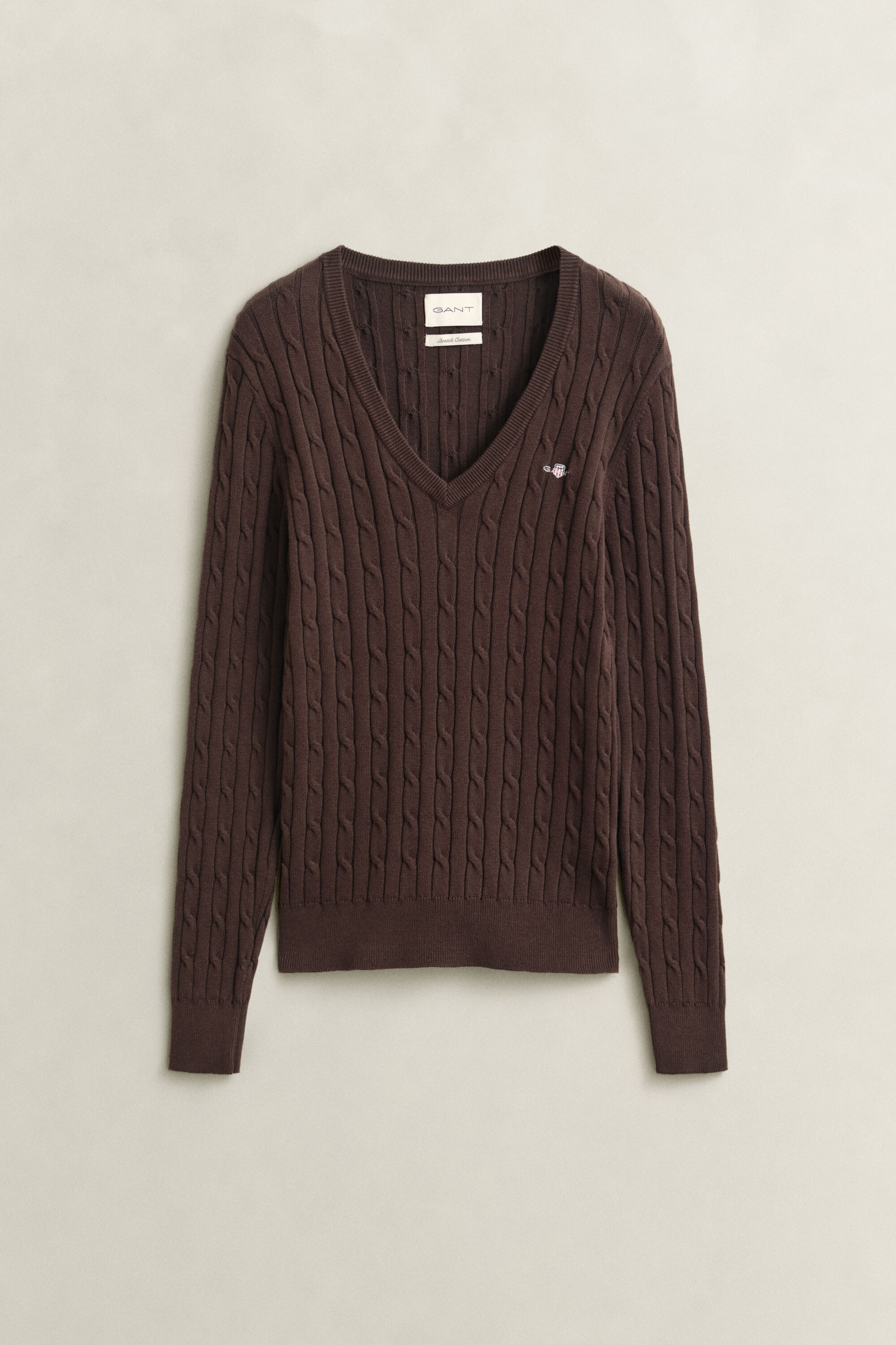 Stretch Cotton Cable Knit V-Neck Sweater