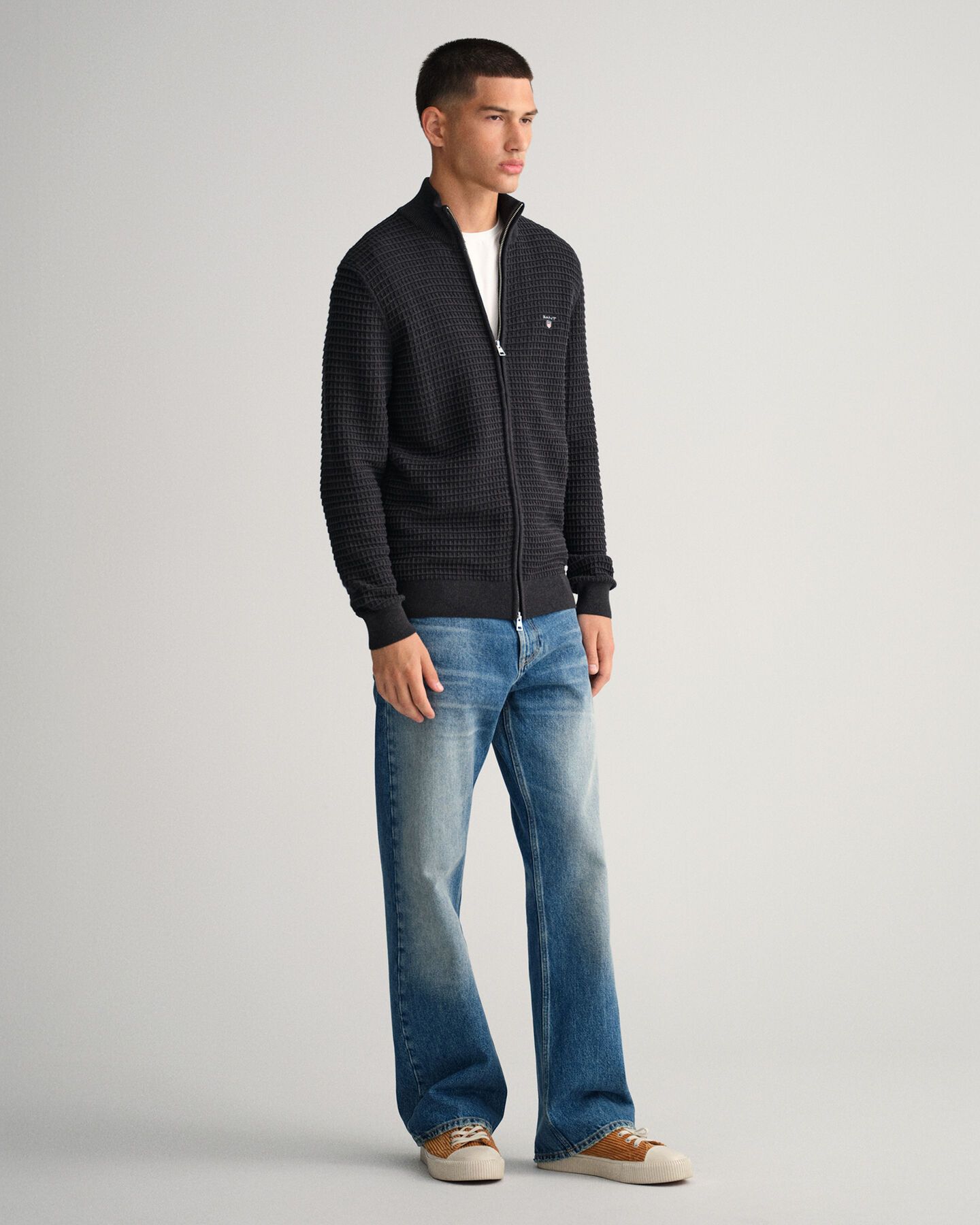 Cotton Texture Full-Zip Sweater