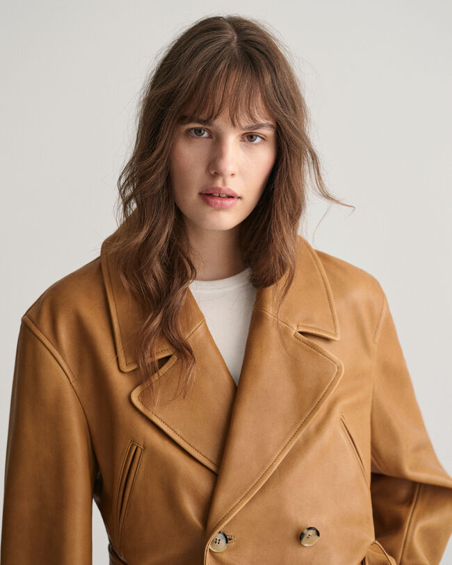 Cropped Leather Trench Jacket