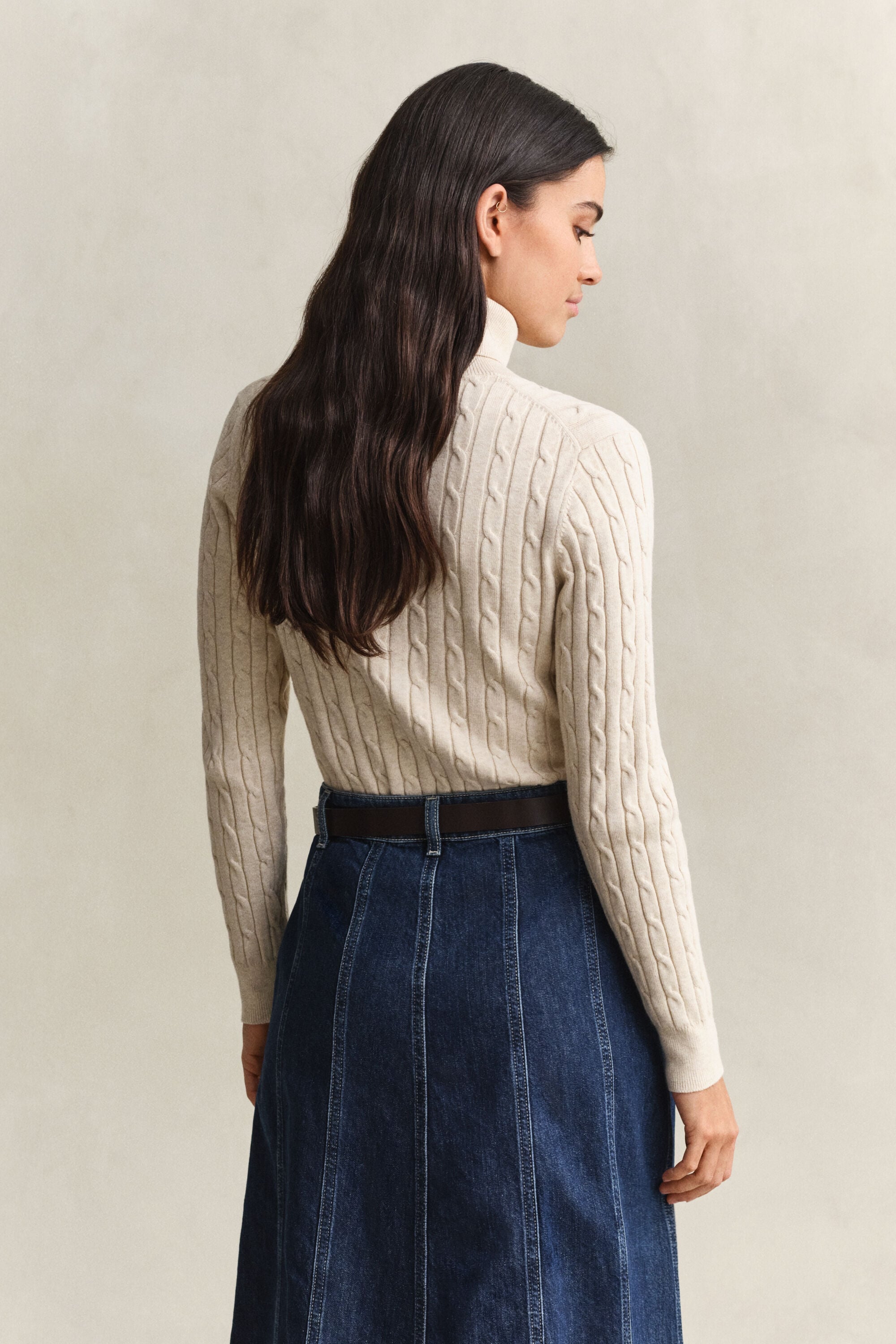 Stretch Cotton Cable Knit Turtleneck Sweater