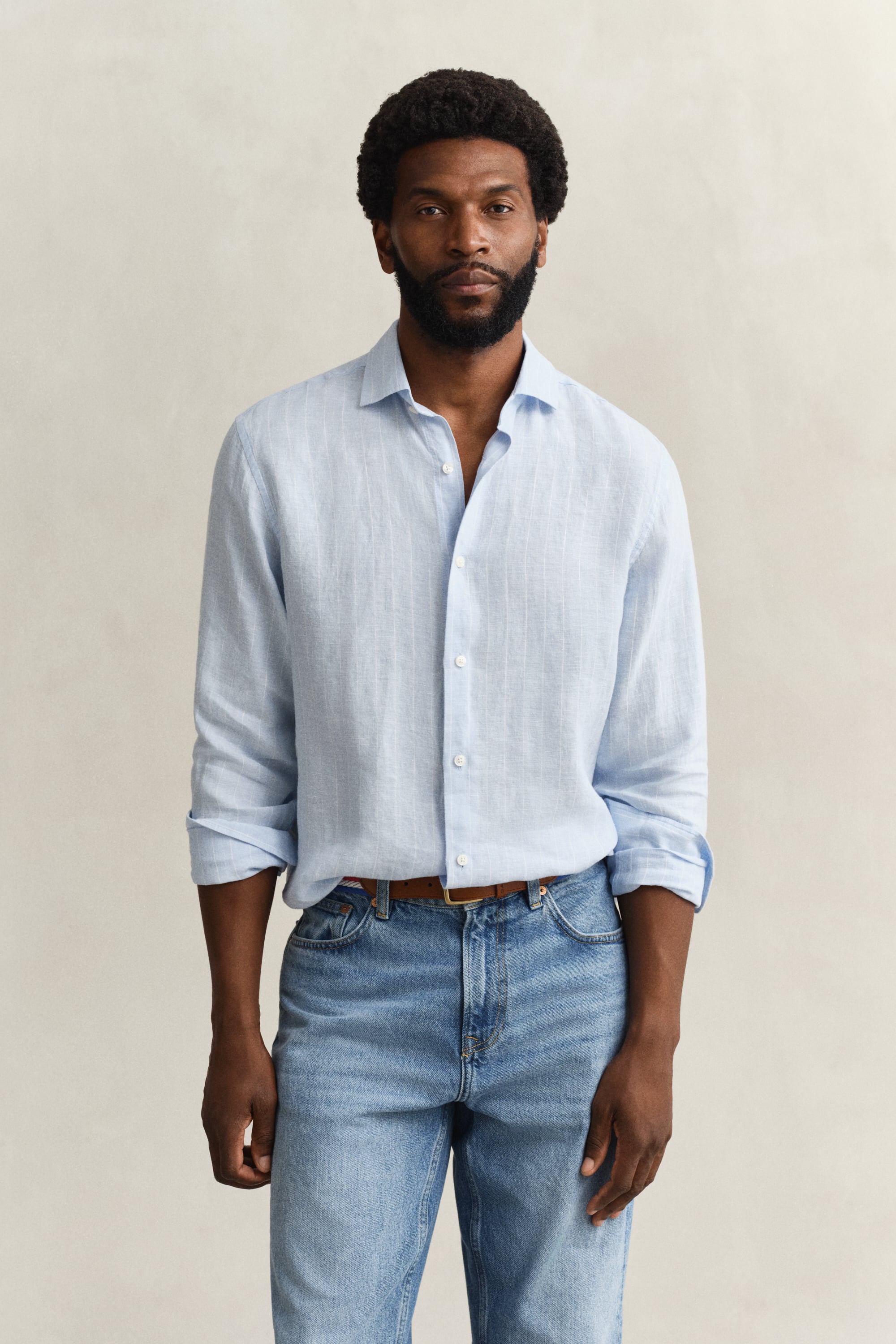 Gant Men's Sky Blue Striped Linen Shirt (M)