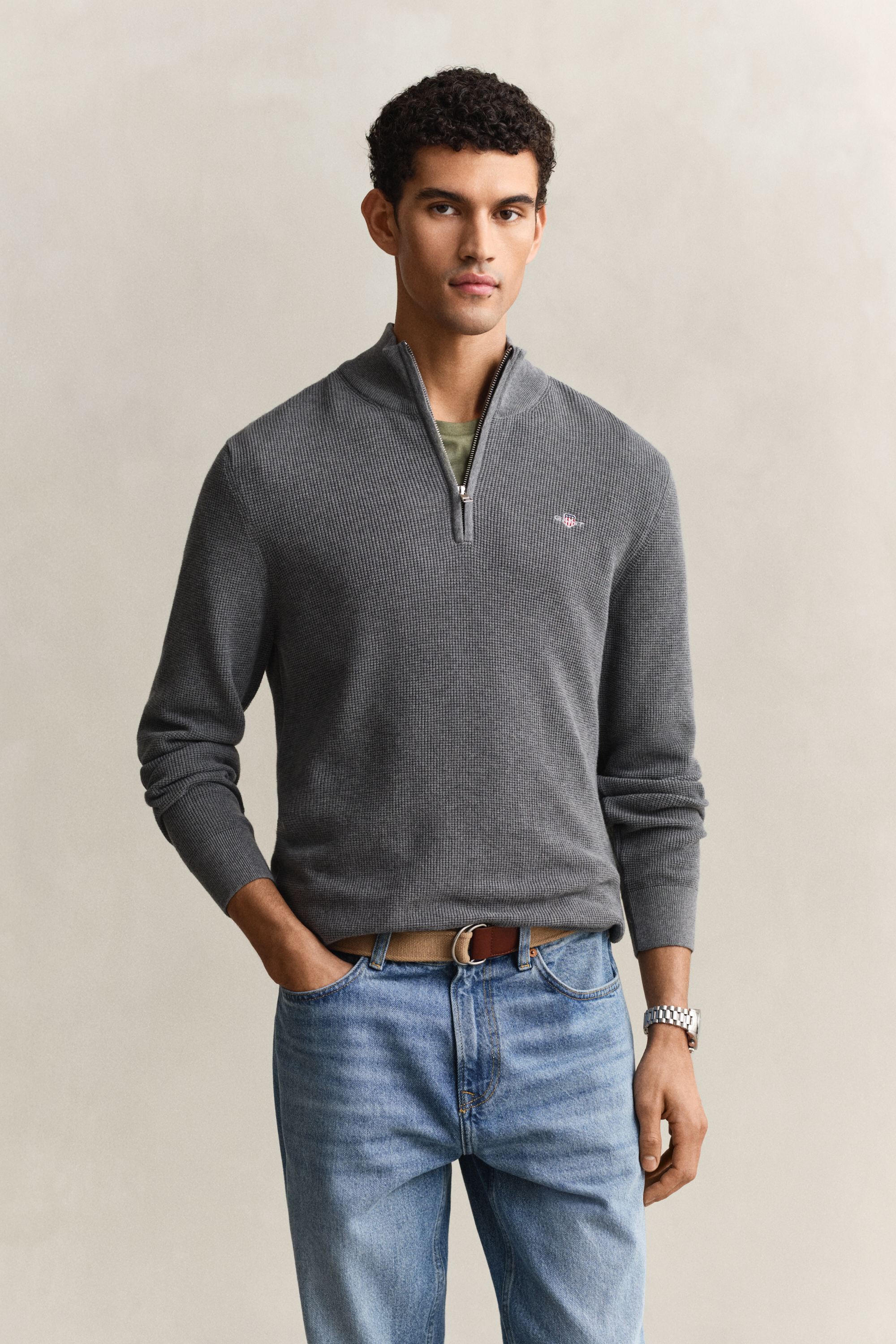 Gant Men's Dark Grey Textured Cotton Half-Zip Sweater (Xxxl) Melange