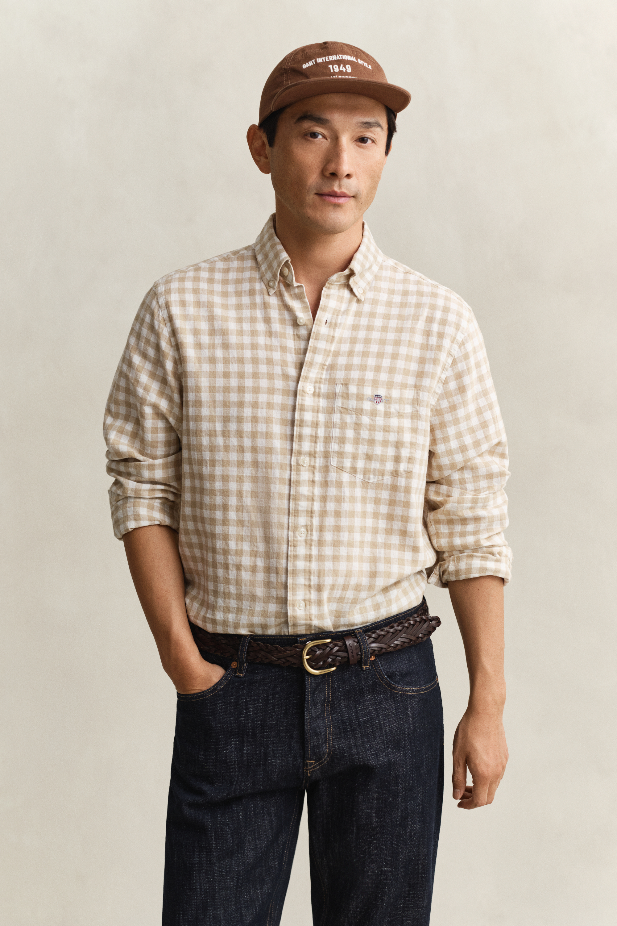 Gant Men's Oat Beige Gingham Linen Blend Shirt (Xxl)