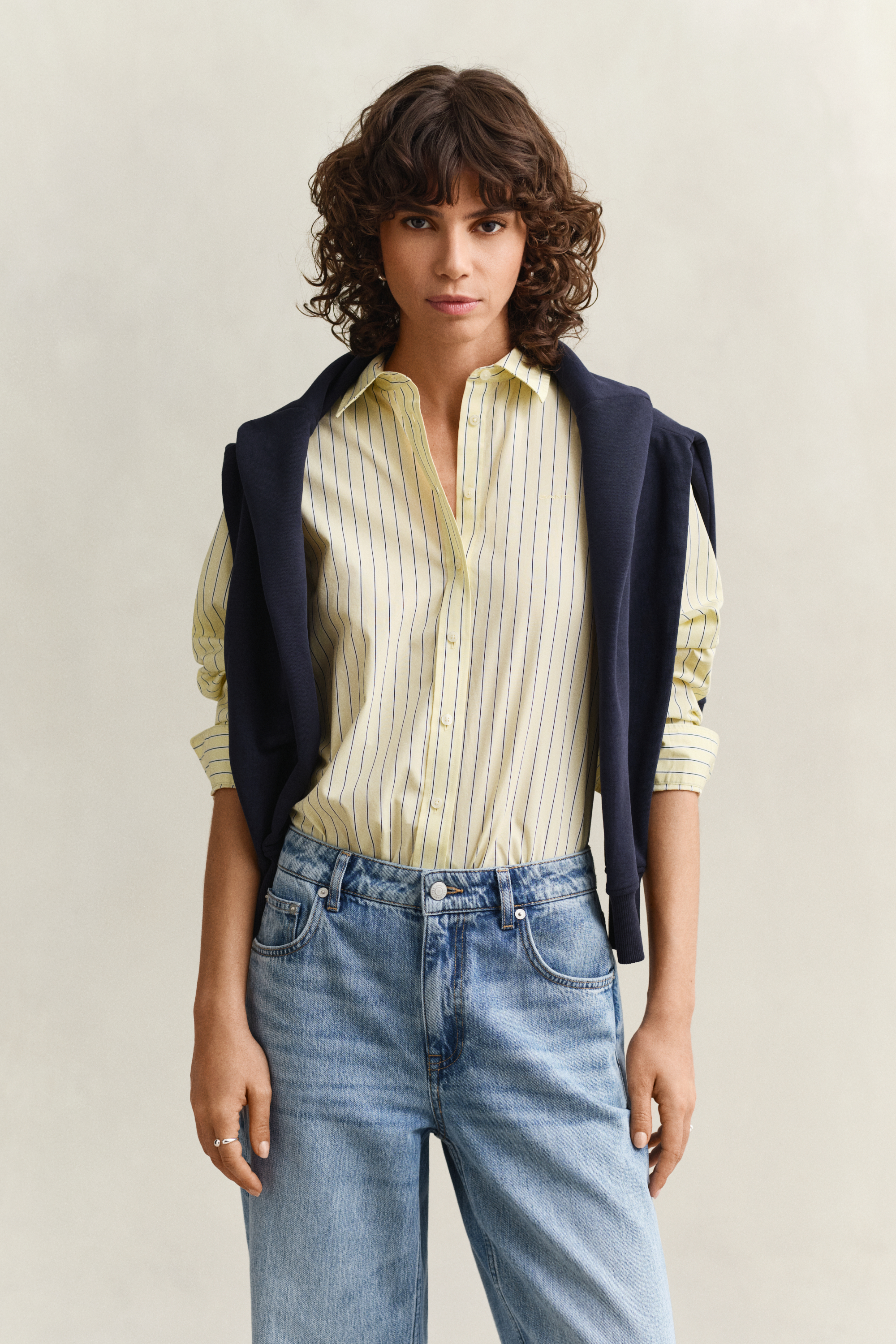 Gant Women's Vanilla Yellow Regular Fit Classic Striped Poplin Shirt (44)