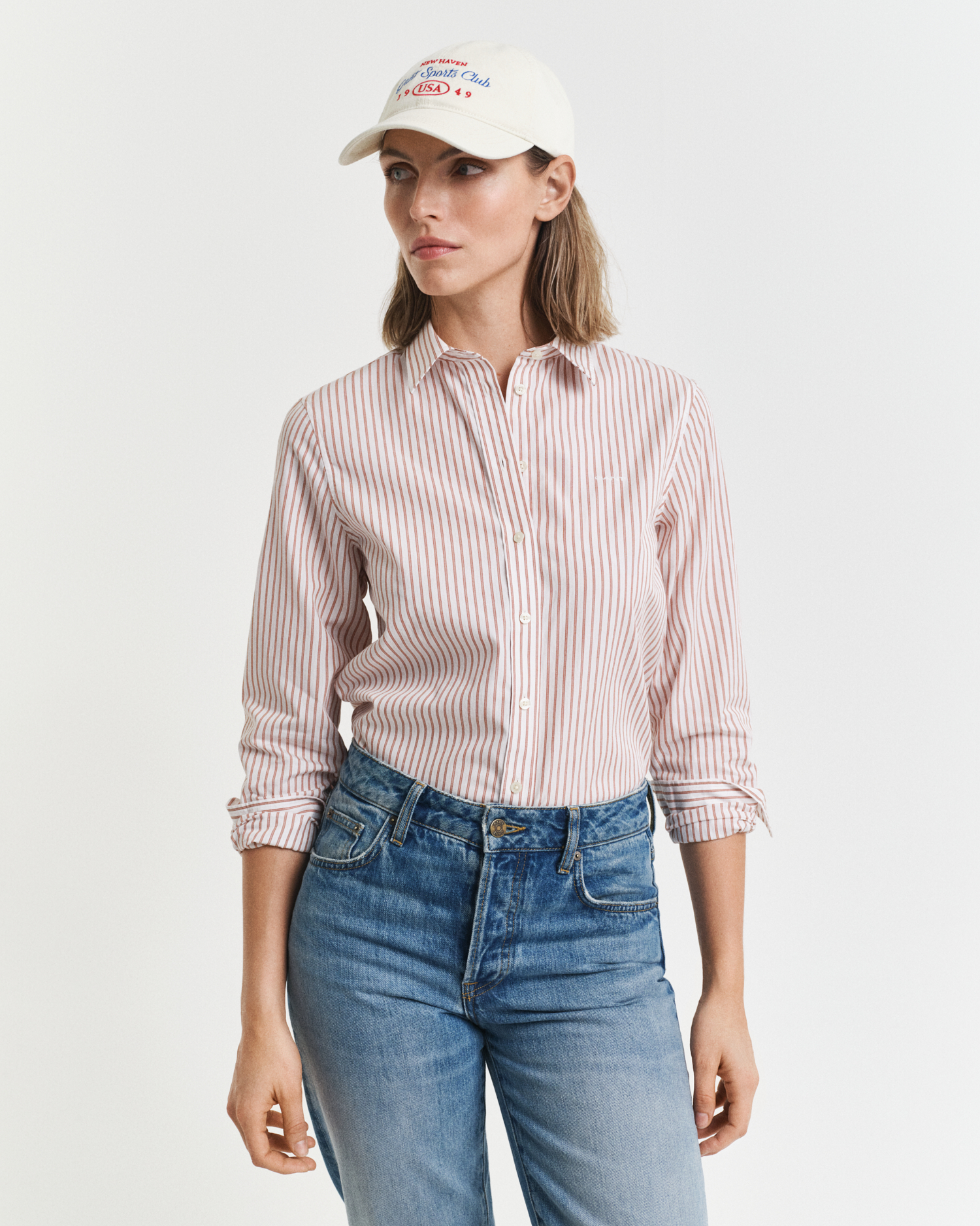 Gant Women's Pink Regular Fit Classic Poplin Striped Shirt (40) Salmon
