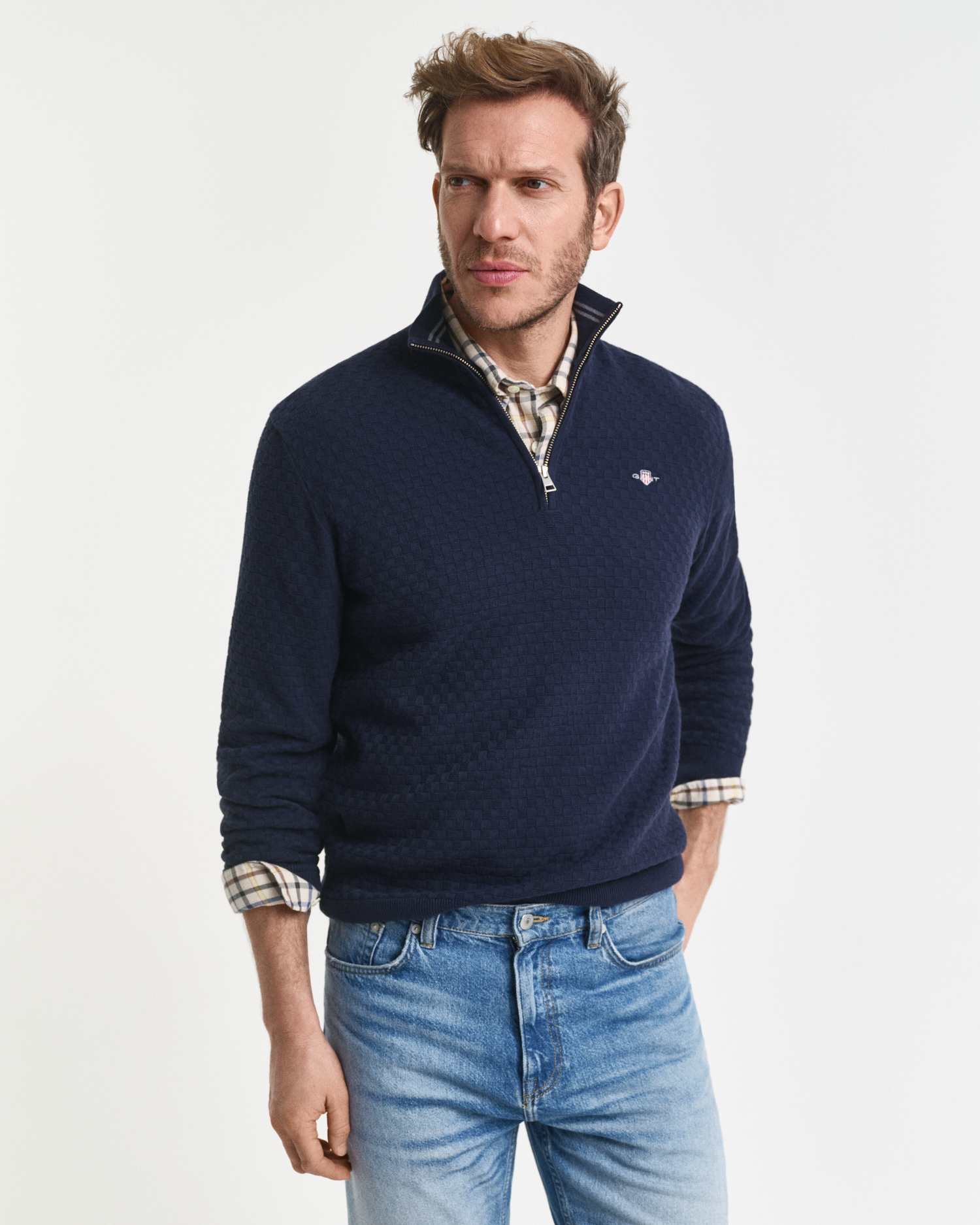 Gant Men's Navy Micro Textured Half-Zip Sweater (Xxxl) Evening Blue