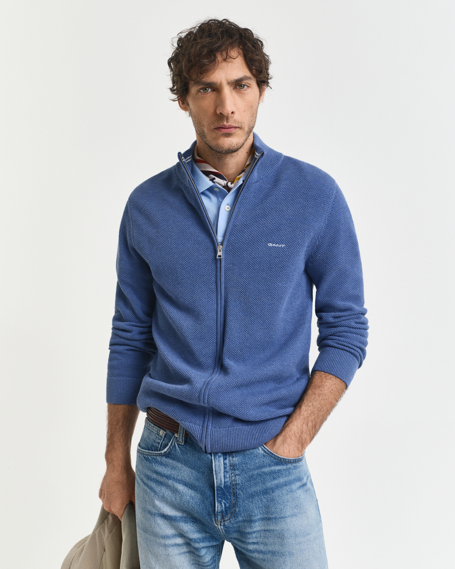 Gant Men's Blue Cotton Piqué Zip Cardigan (S) Denim Melange