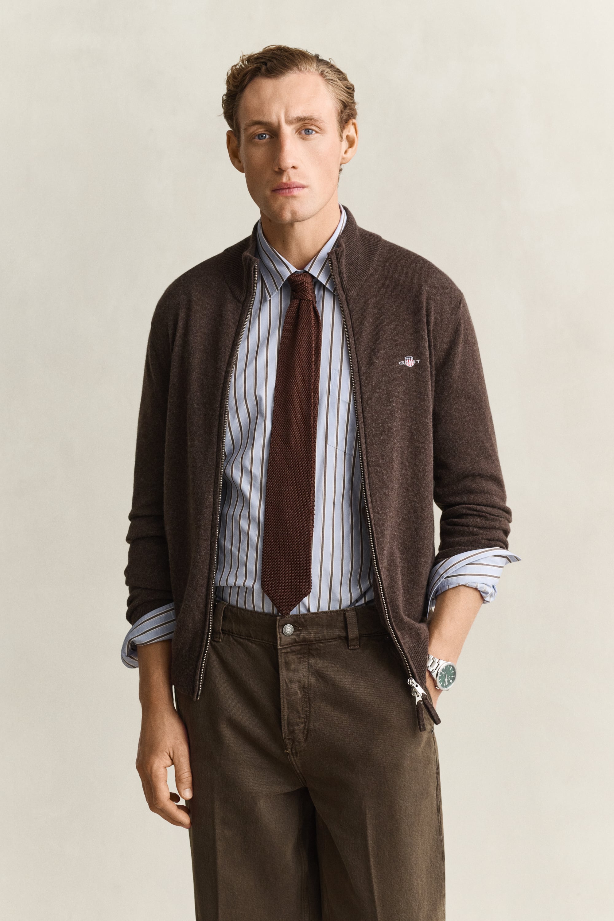 Gant Men's Marron Zipped Cardigan Superfine Lambswool - Image 2