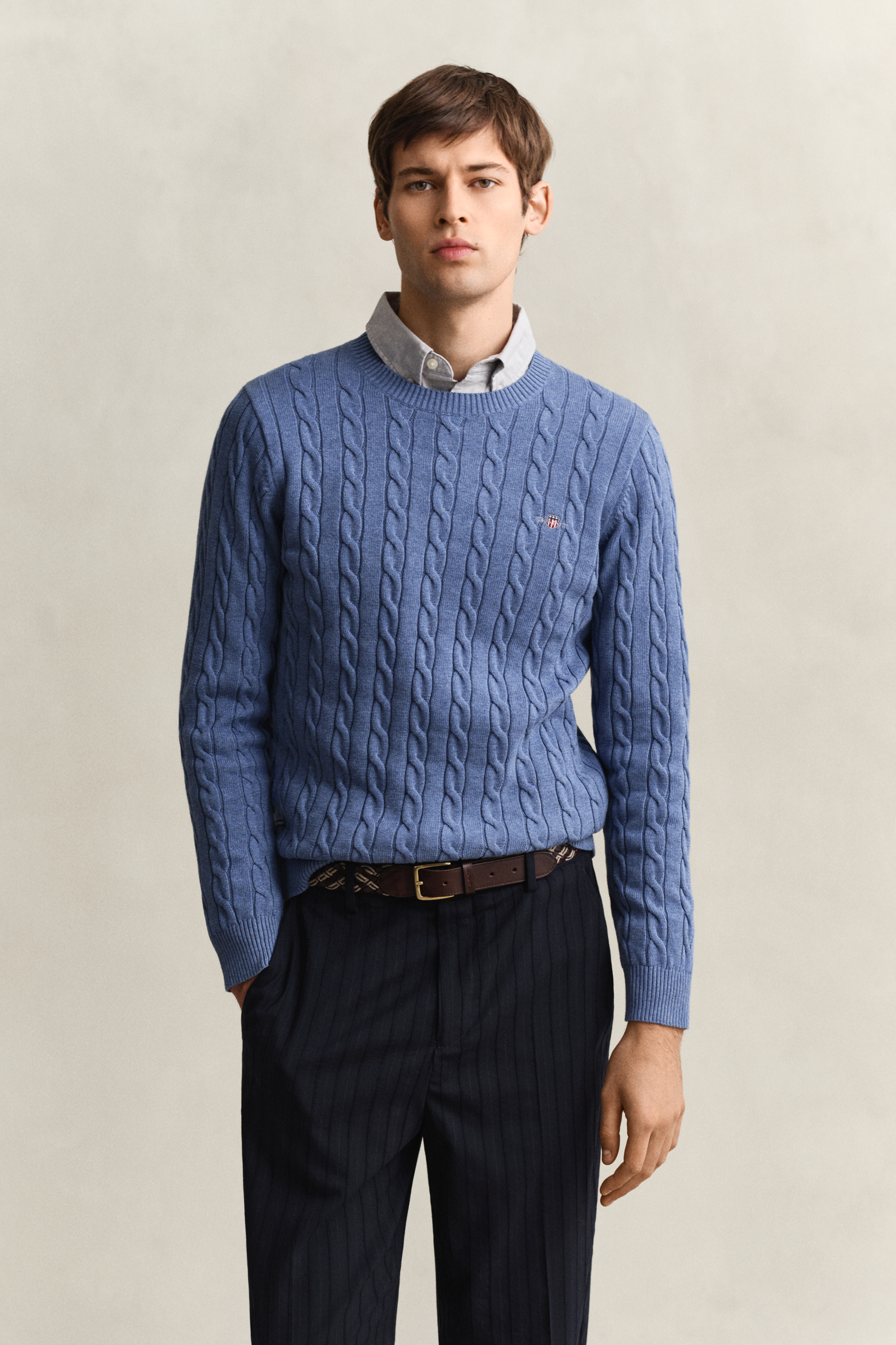 Gant Men's Blue Cotton Cable Knit Crew Neck Sweater (Xxl) Denim Melange