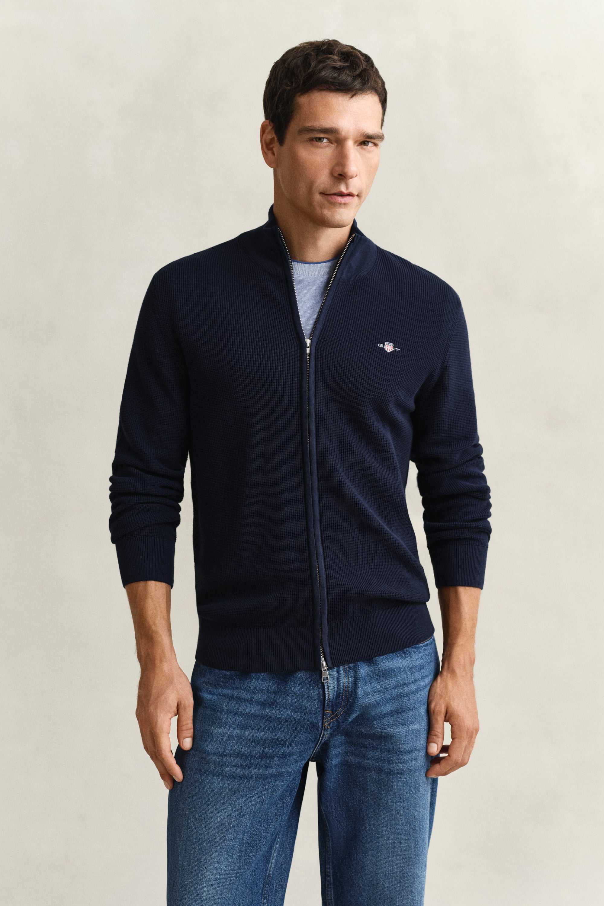 Gant Men's Navy Textured Cotton Zip Cardigan (Xl) Evening Blue
