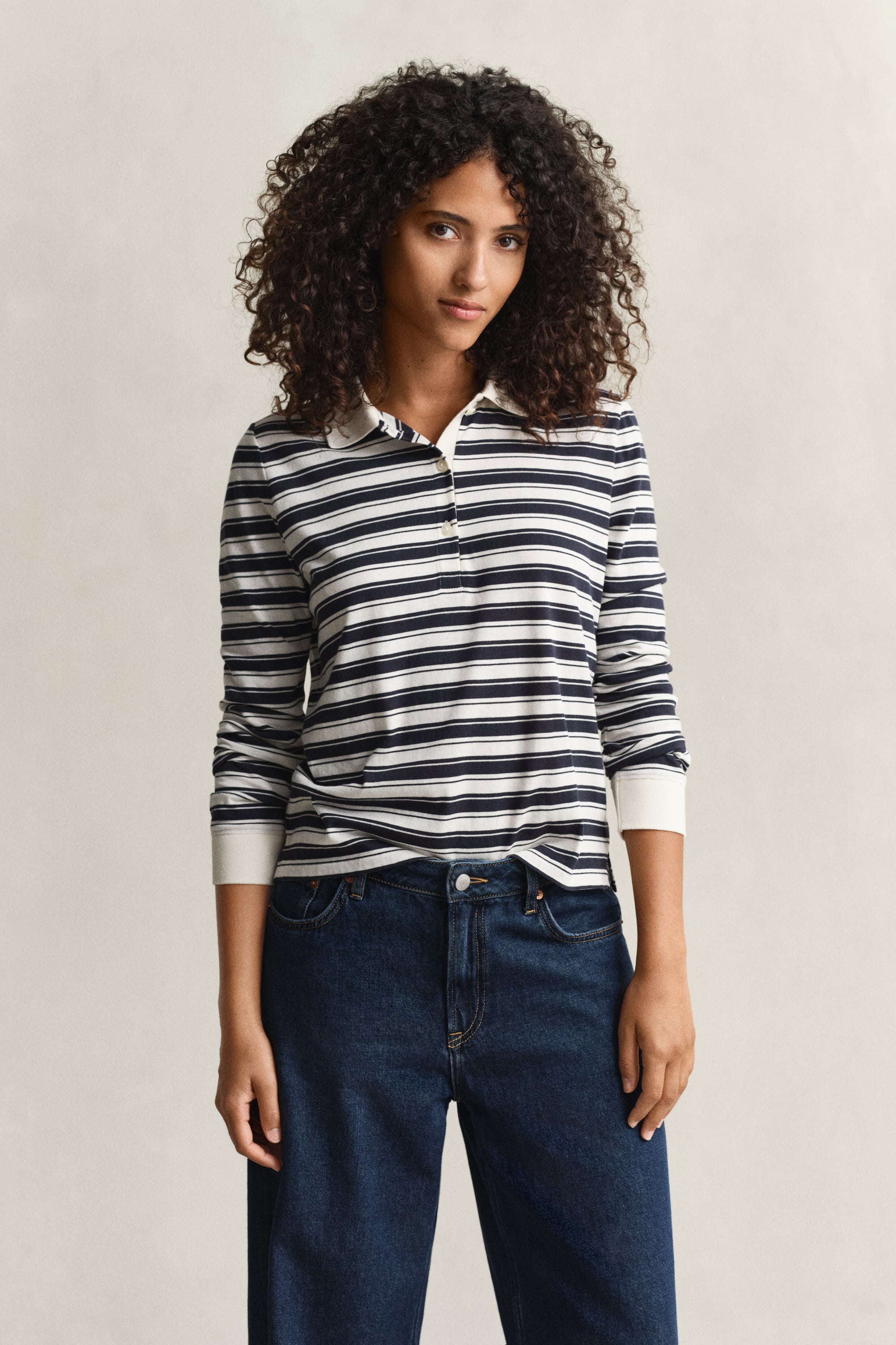 Gant Women's White Striped Long Sleeve Polo Shirt (S) Cream