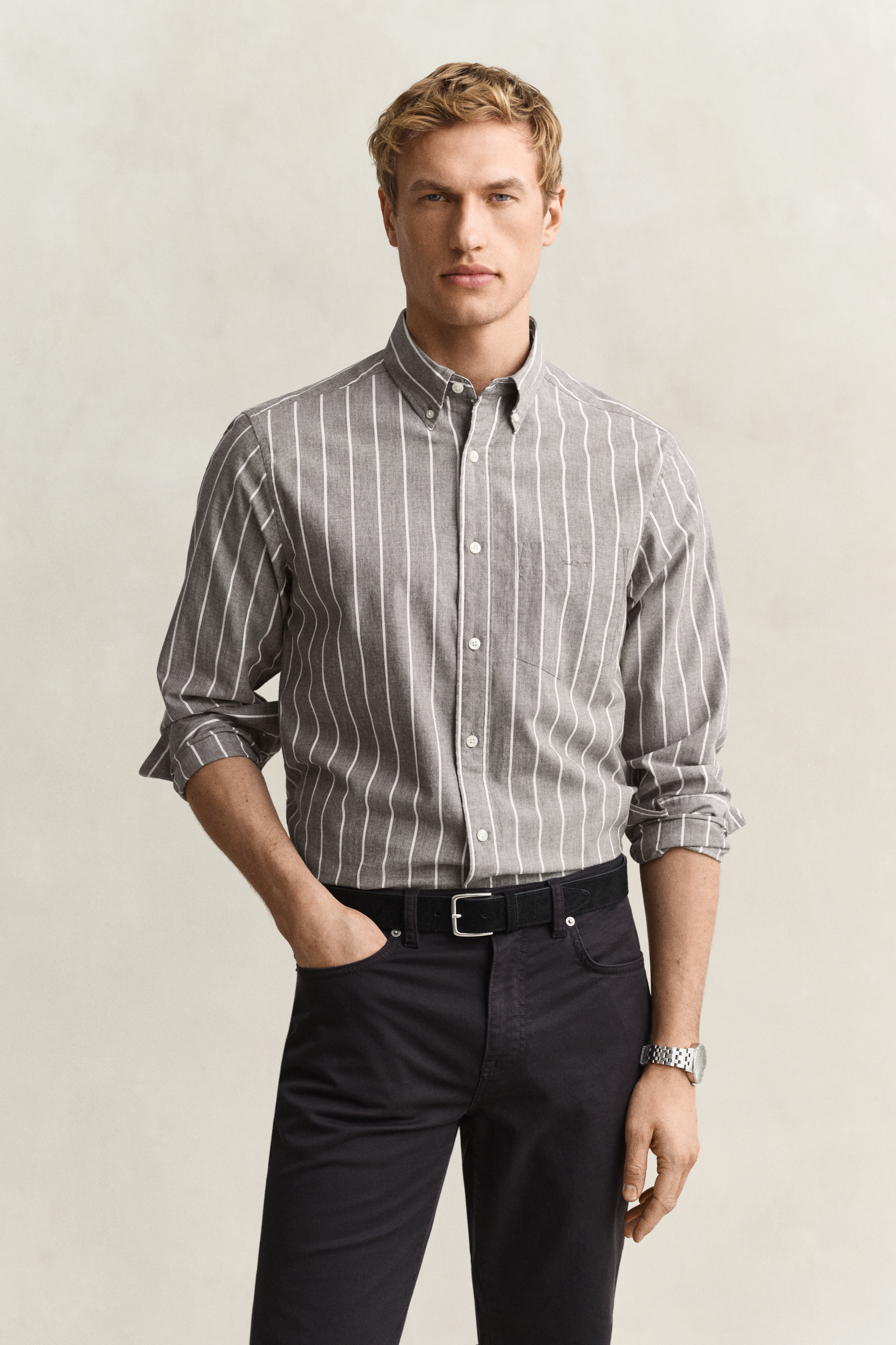 Gant Men's Brown Striped Mélange Poplin Shirt (S) Melange