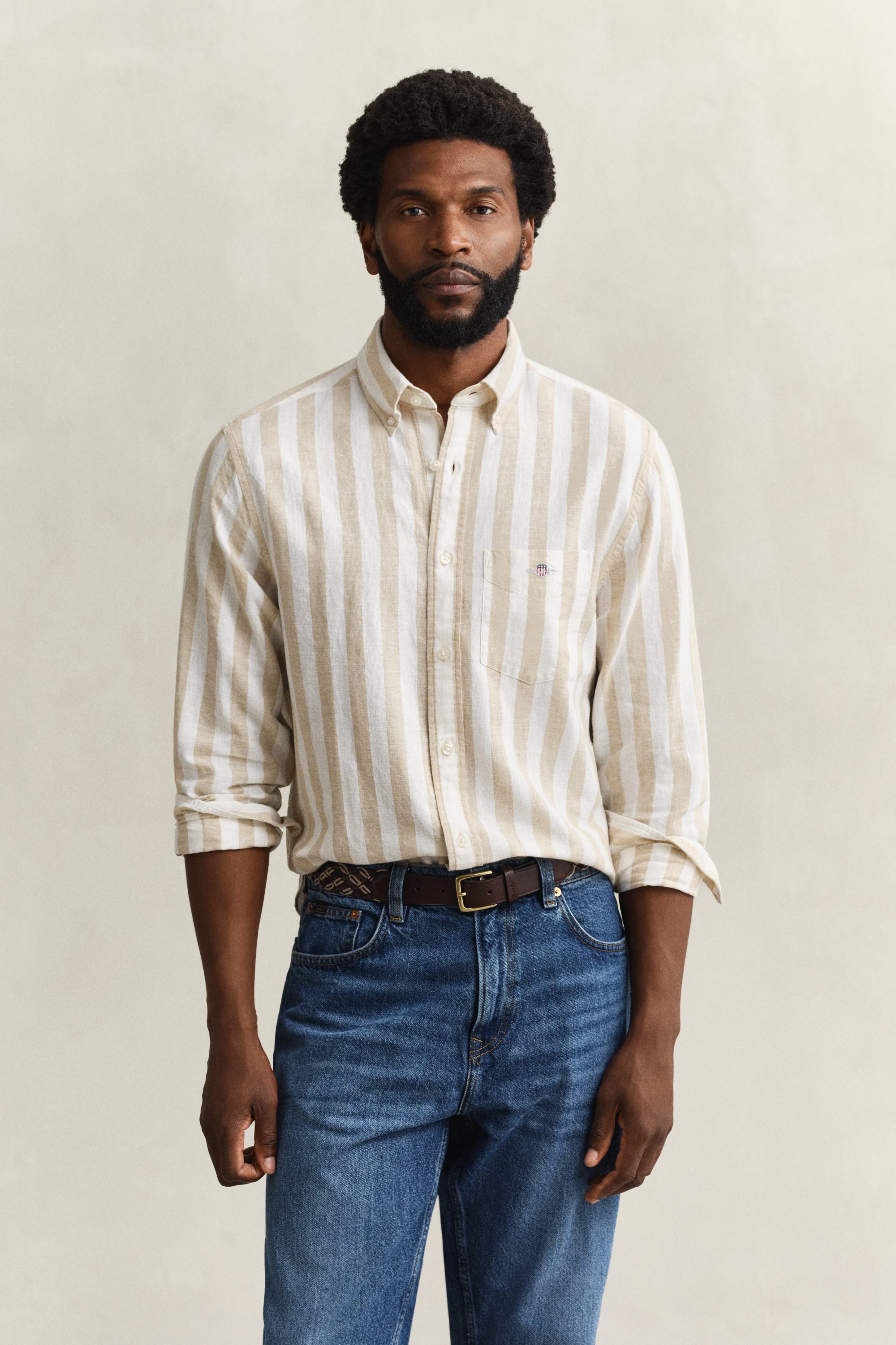 Gant Men's Oat Beige Striped Linen Blend Shirt (Xl)