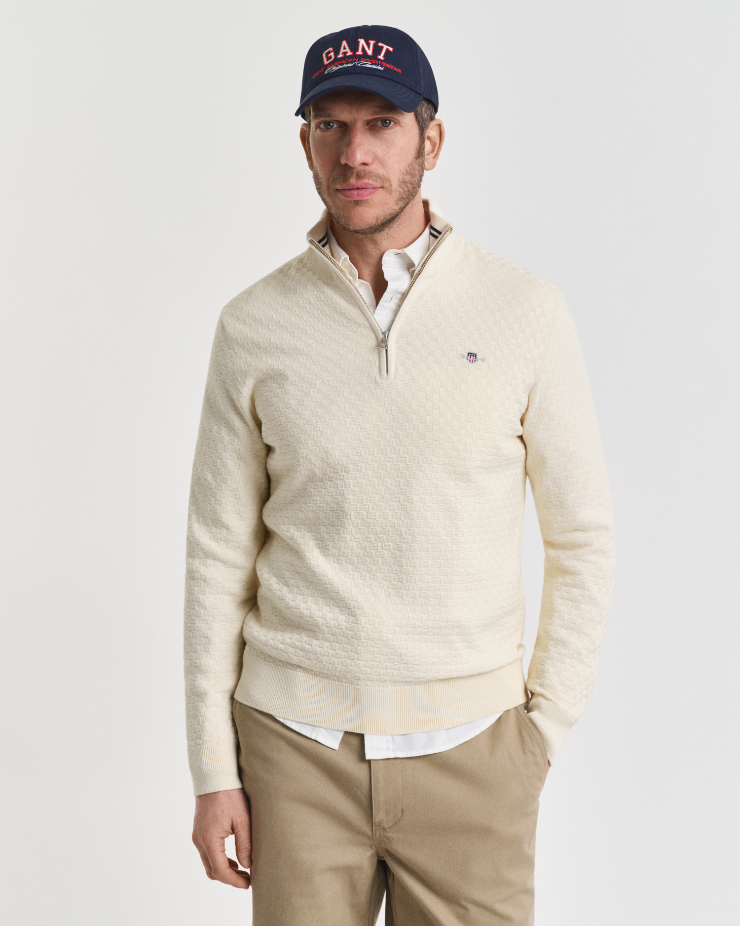 Gant Men's White Micro Textured Half-Zip Sweater (Xl) Cream
