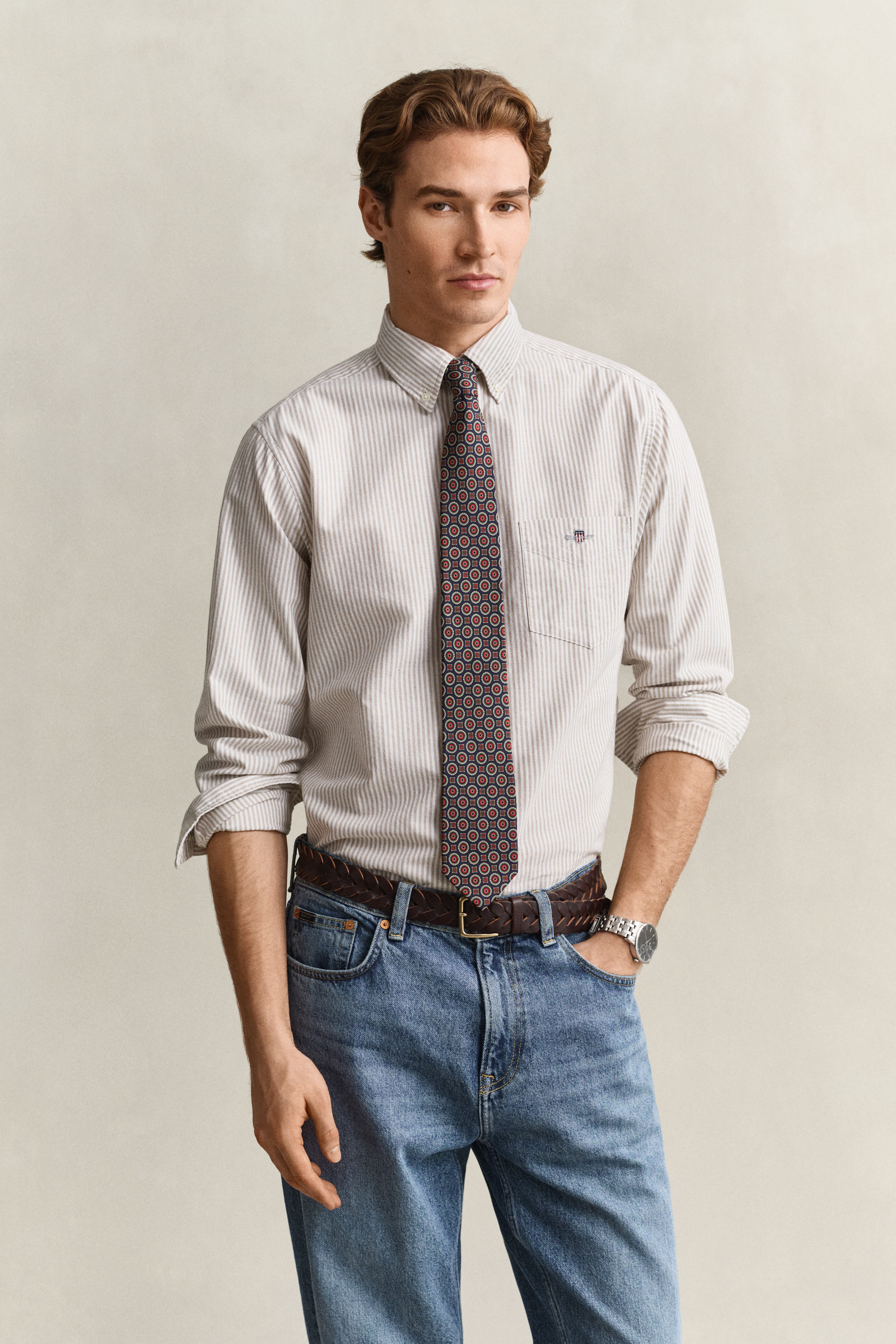 Gant Men's Beige Classic Regular Striped Oxford Shirt (L) Light Taupe