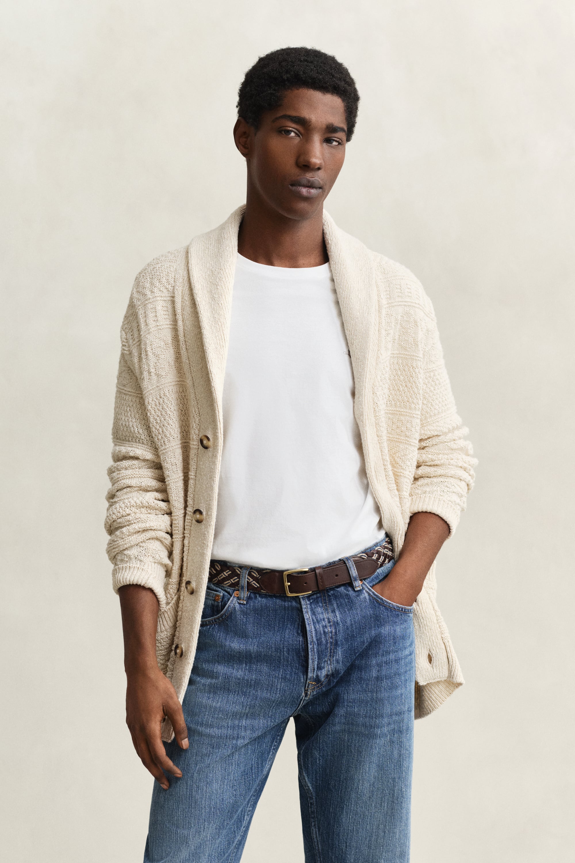 Gant Men's Creamed White Textured Cotton Blend Cardigan (S)