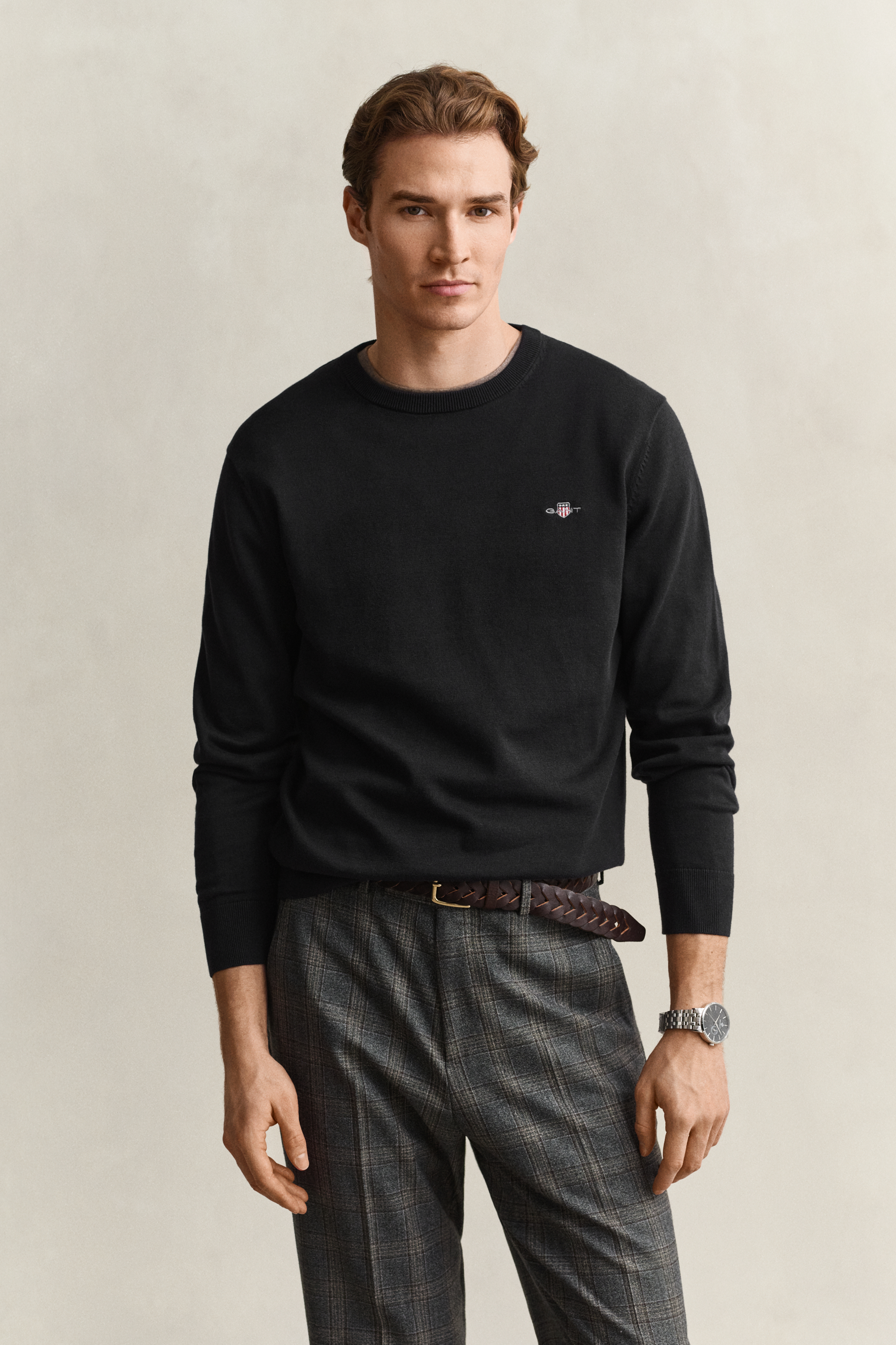 Gant Men's Black Cotton Crew Neck Sweater (M)