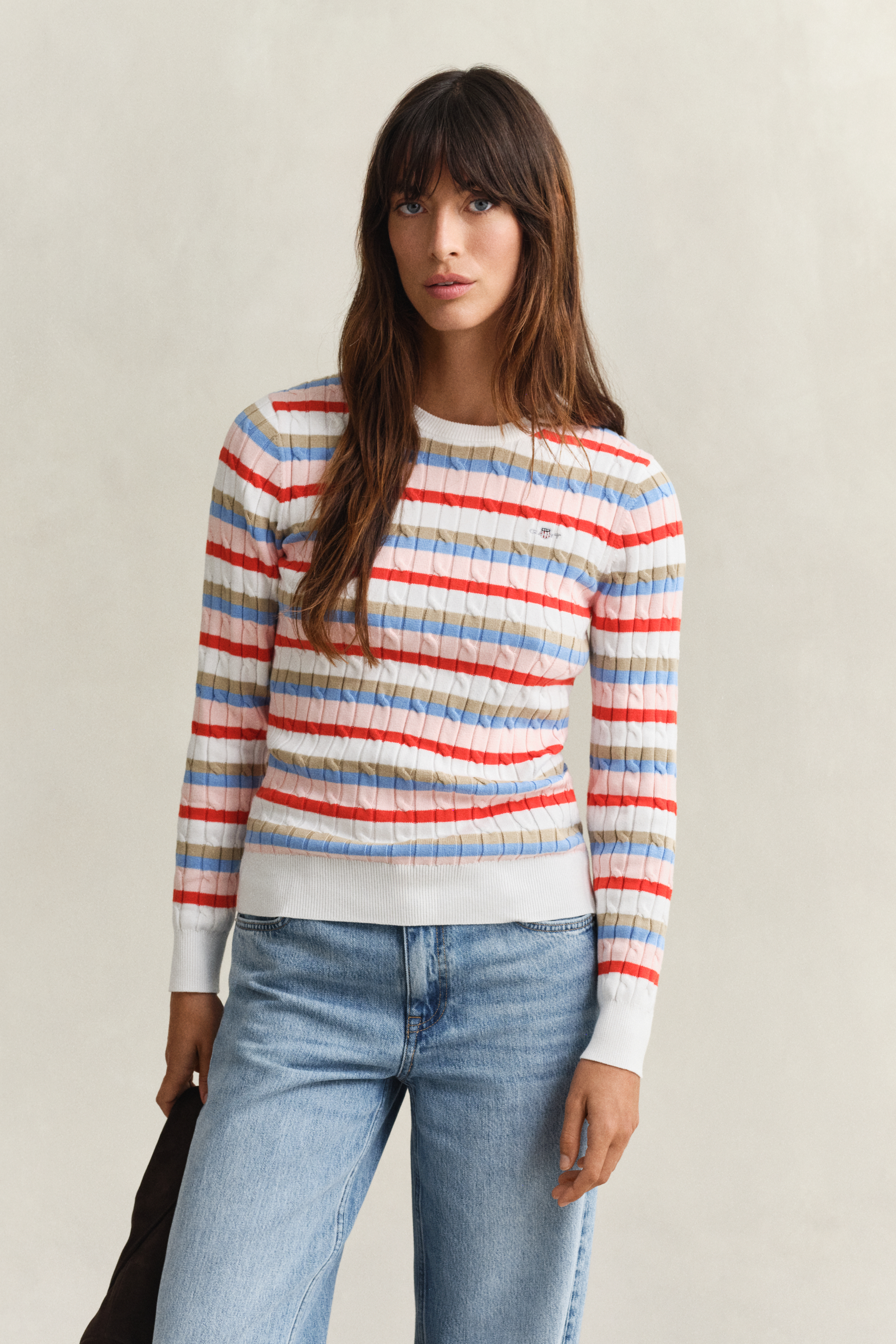 Gant Women's Multicolor Striped Cable Knit Crew Neck Sweater (M)