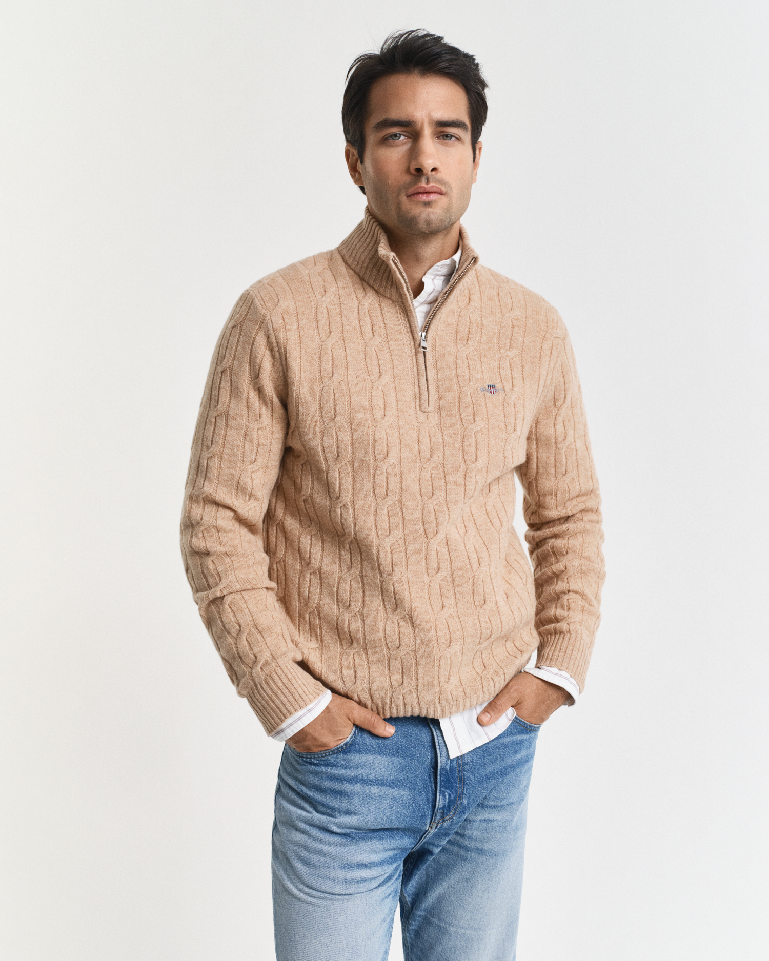 Gant Men's Khaki Lambswool Cable Knit Half-Zip Sweater (Xl) Melange