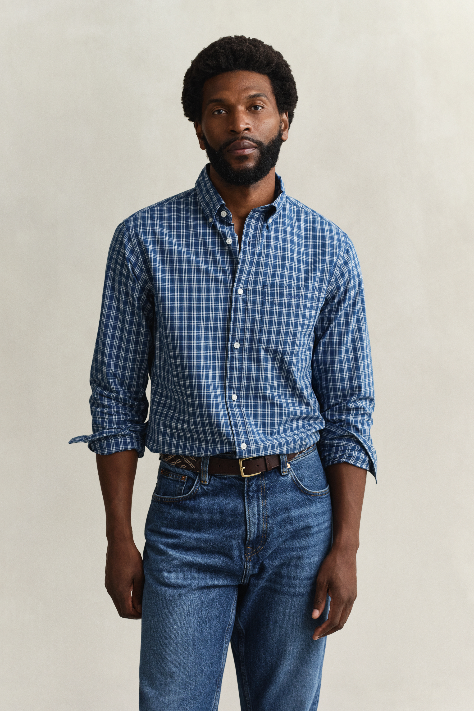 Gant Men's Blue Indigo Checked Shirt (Xxxl) Indigo