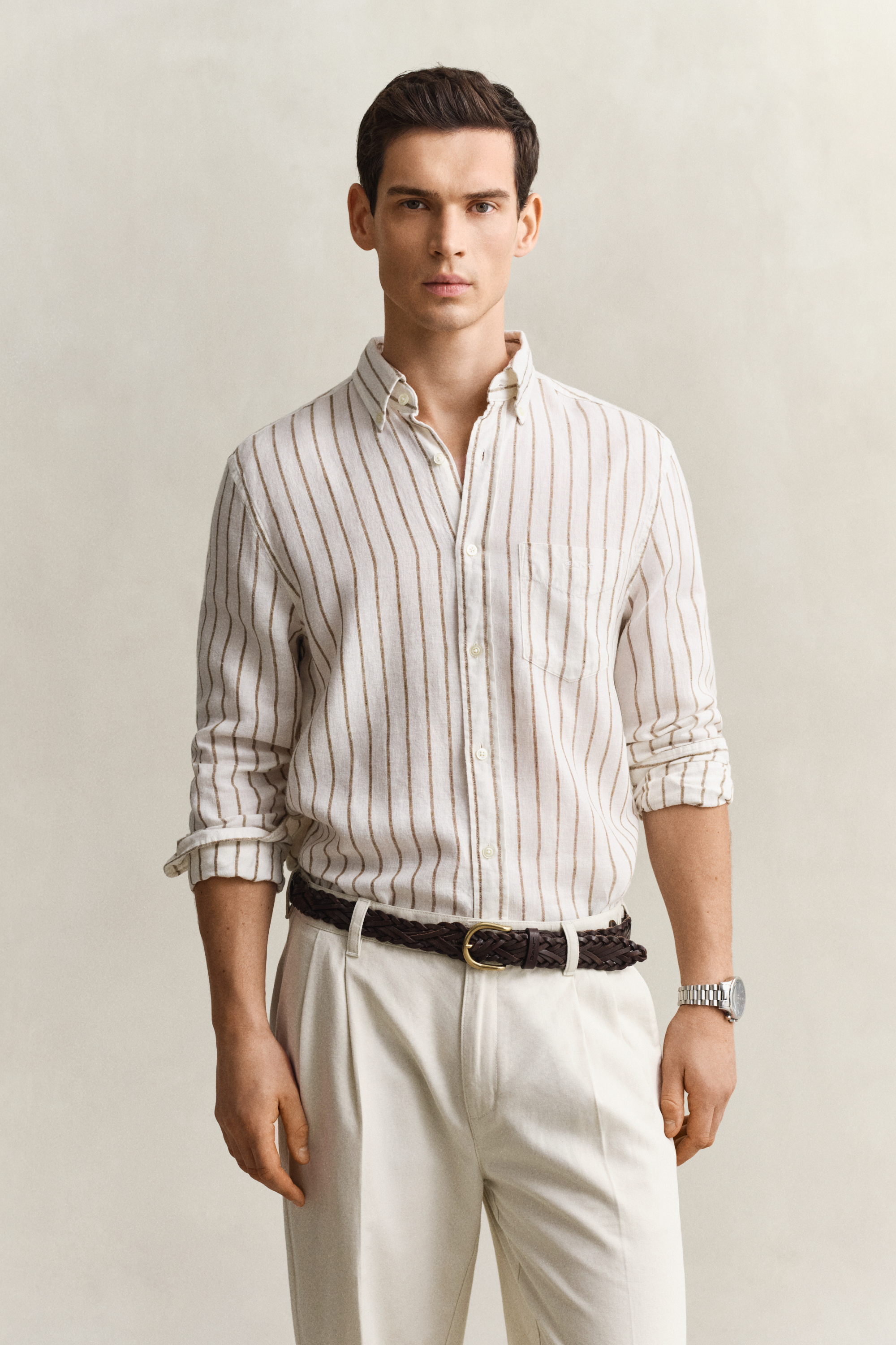 Gant Men's White Striped Linen Blend Shirt (Xxl) Cream