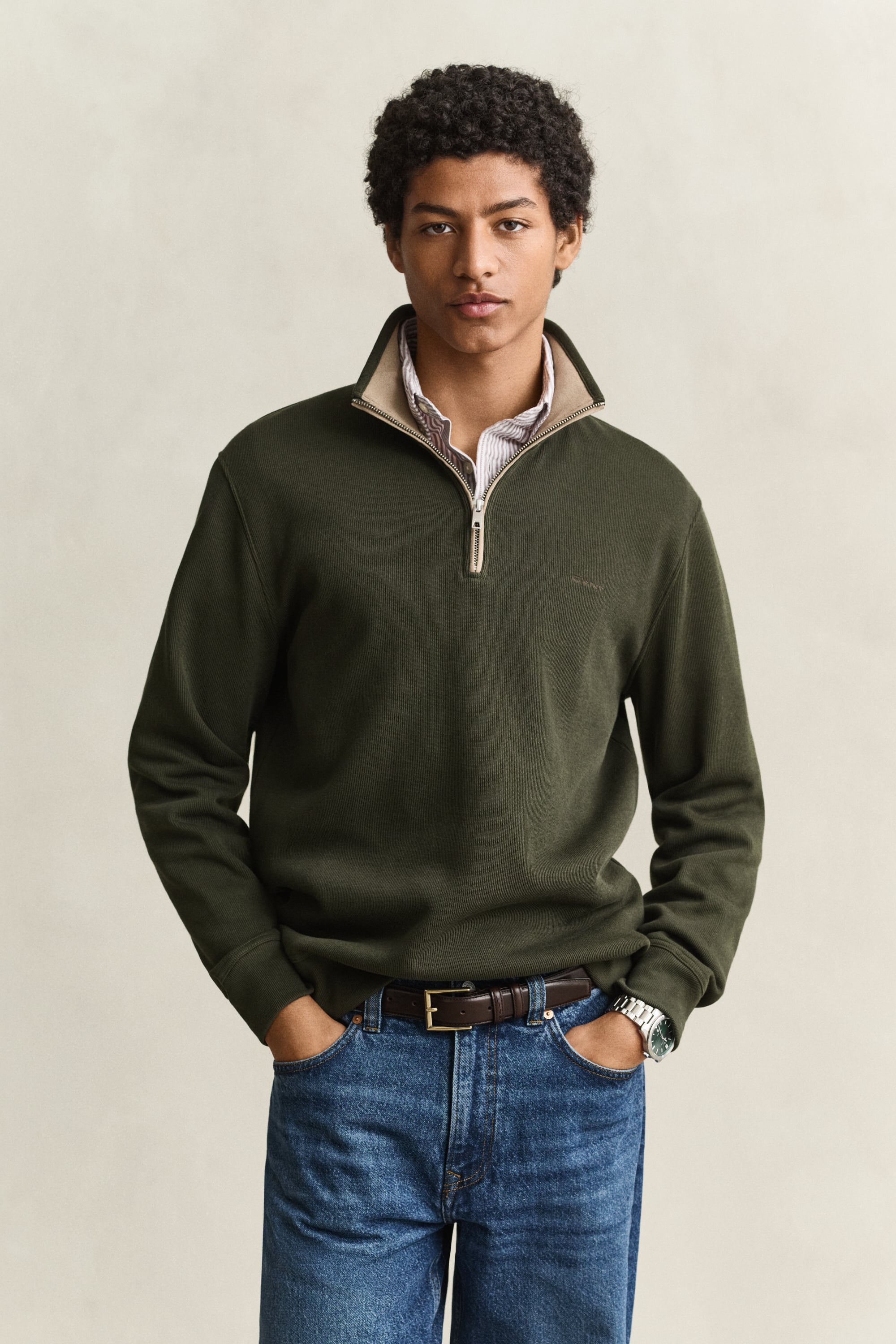 Gant Men's Green Sacker Rib Half-Zip Sweatshirt (L) Dark Moss