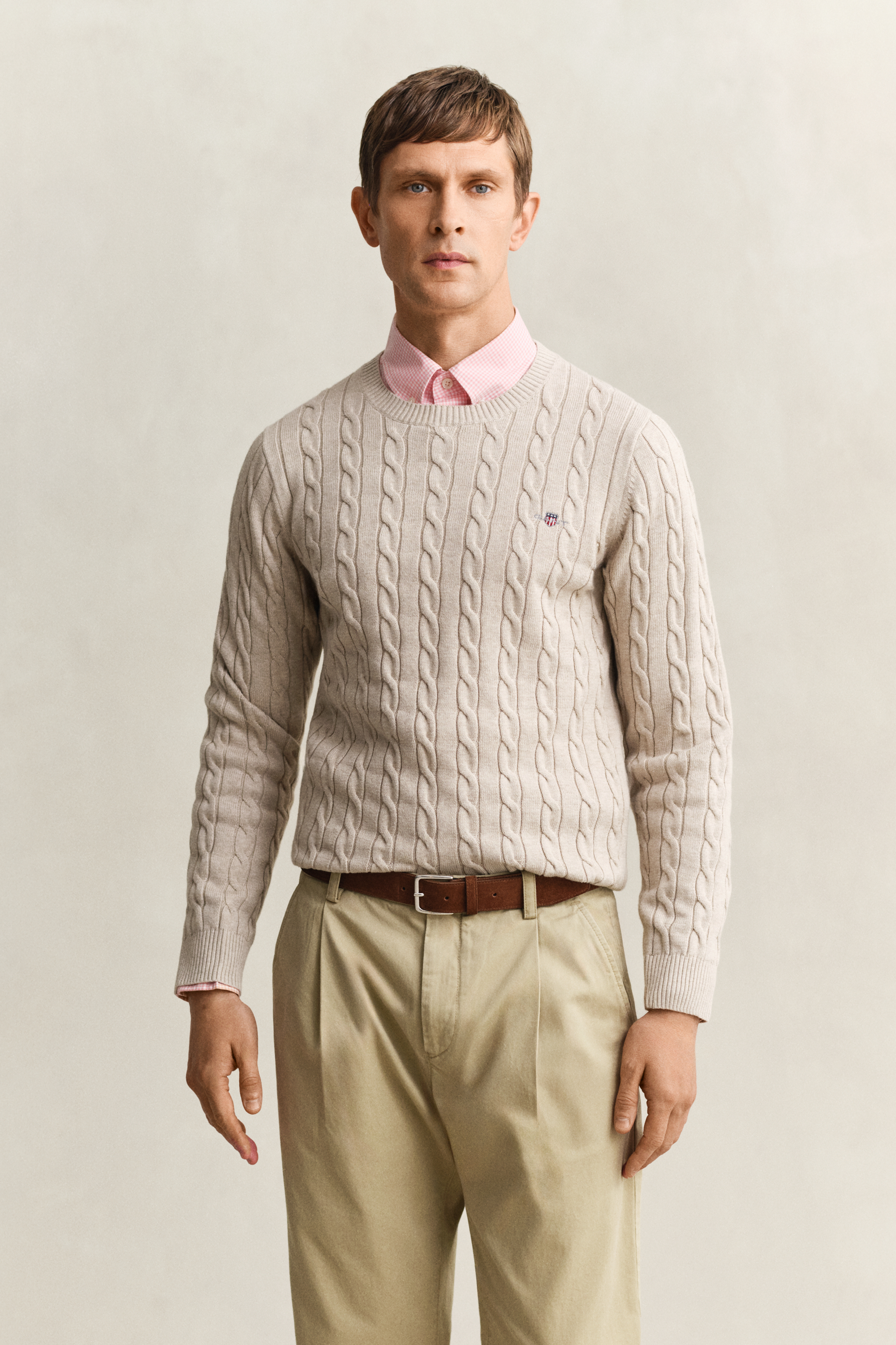 Gant Men's Beige Cotton Cable Knit Crew Neck Sweater (4Xl) Oat Melange