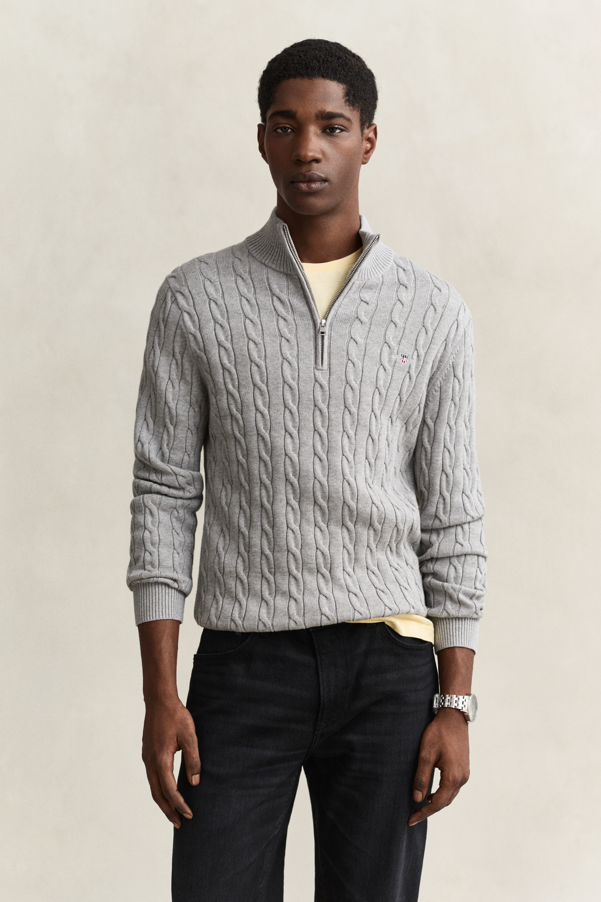Gant Men's Grey Cotton Cable Knit Half-Zip Sweater (L) Melange