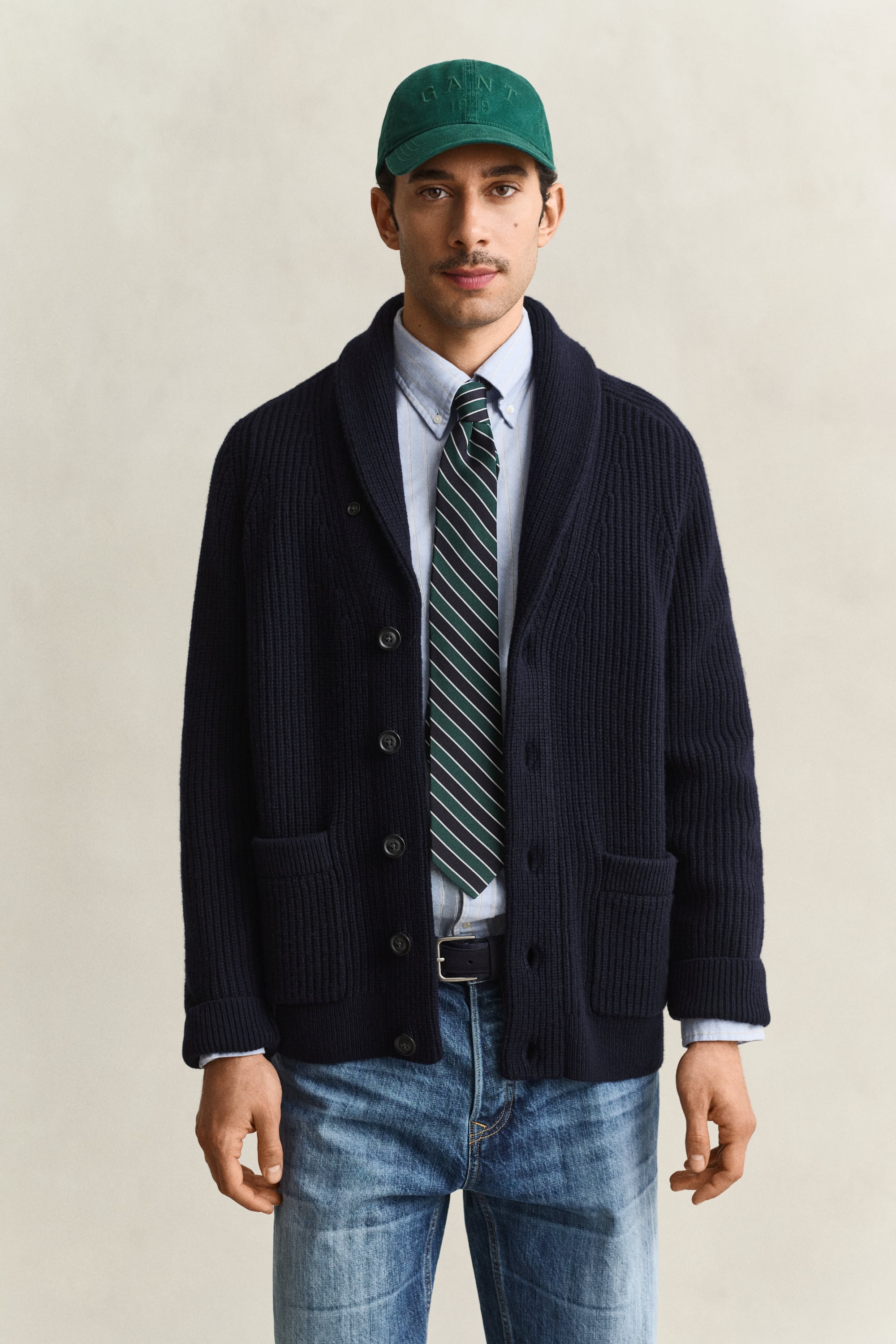 Gant Men's Navy Ribbed Wool Blend Cardigan (L) Evening Blue