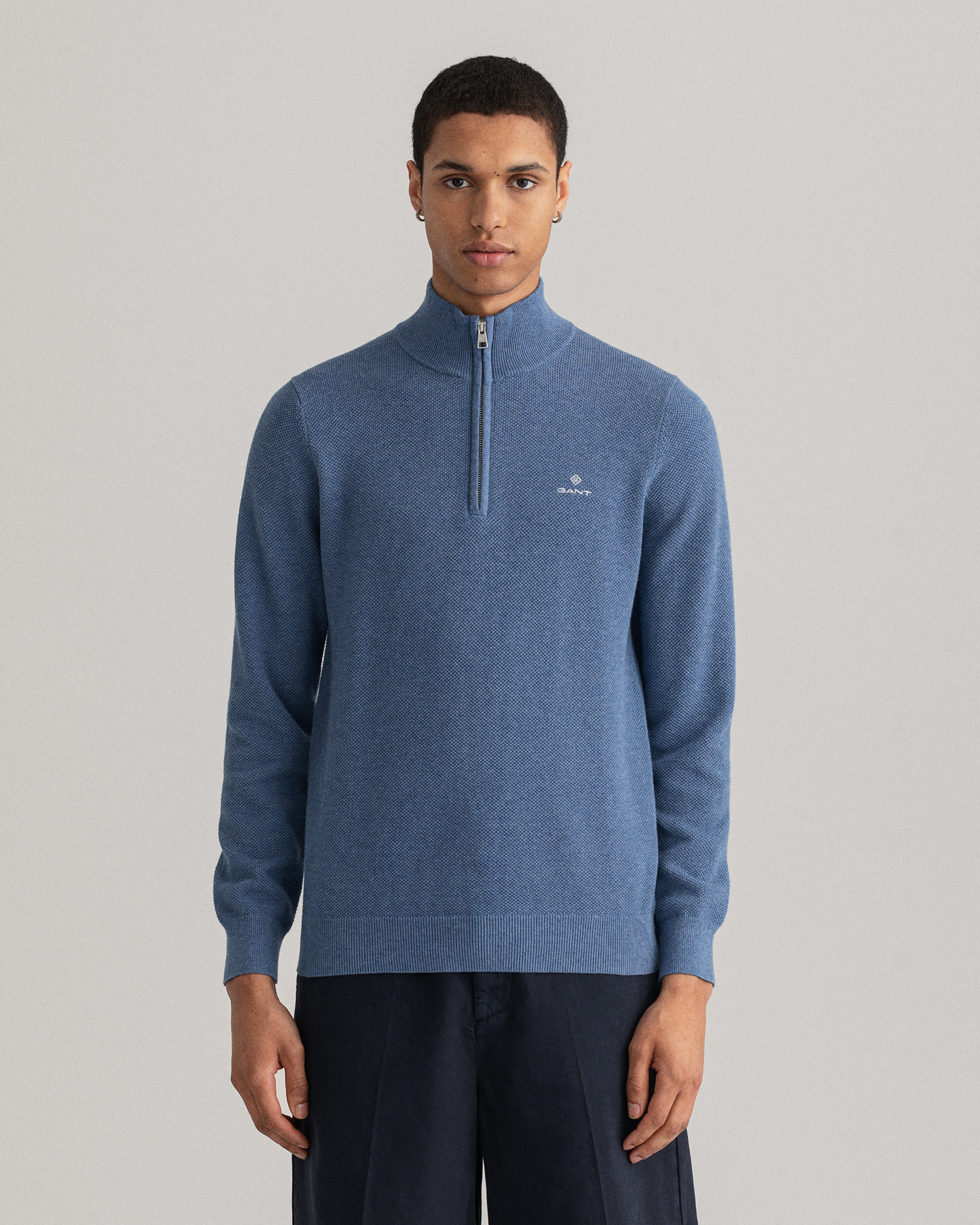 GANT Cotton Piqué Half-zip Sweater in Blue for Men Mens Clothing Sweaters and knitwear Zipped sweaters 