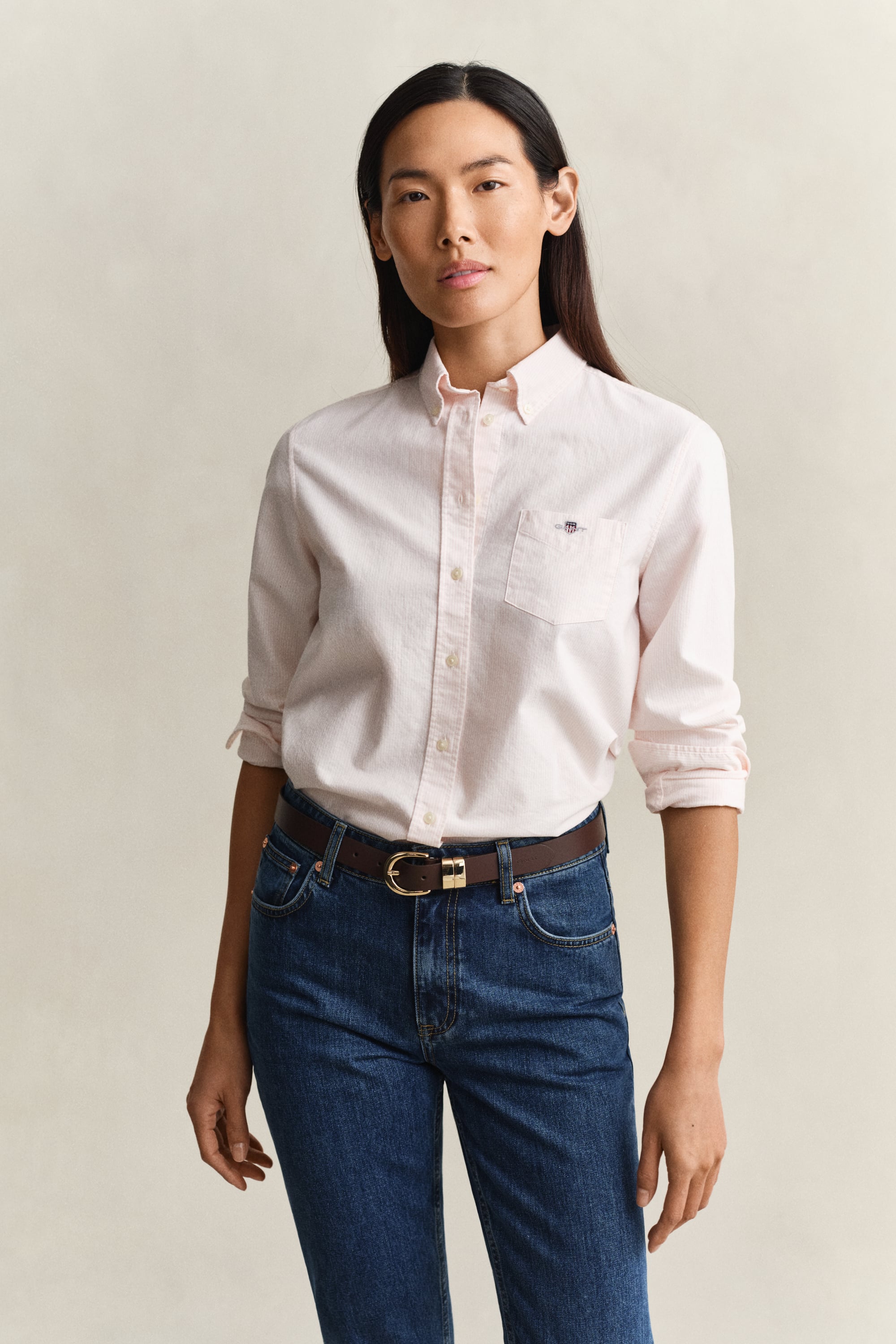 Gant Women's Apricot Pink Regular Fit Classic Striped Oxford Shirt (46)