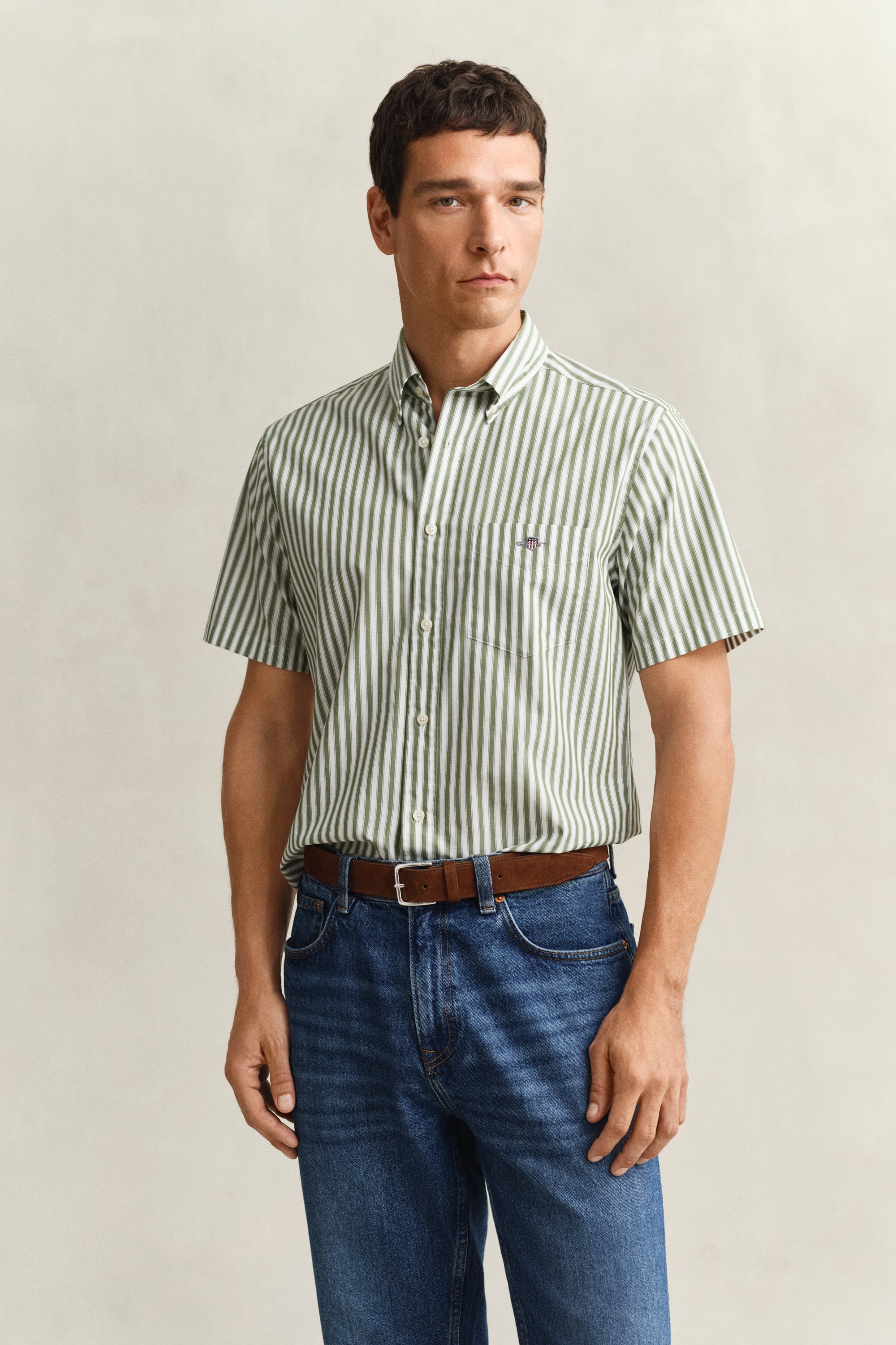 Gant Men's Herb Green Striped Classic Poplin Short Sleeve Shirt (Xxl)