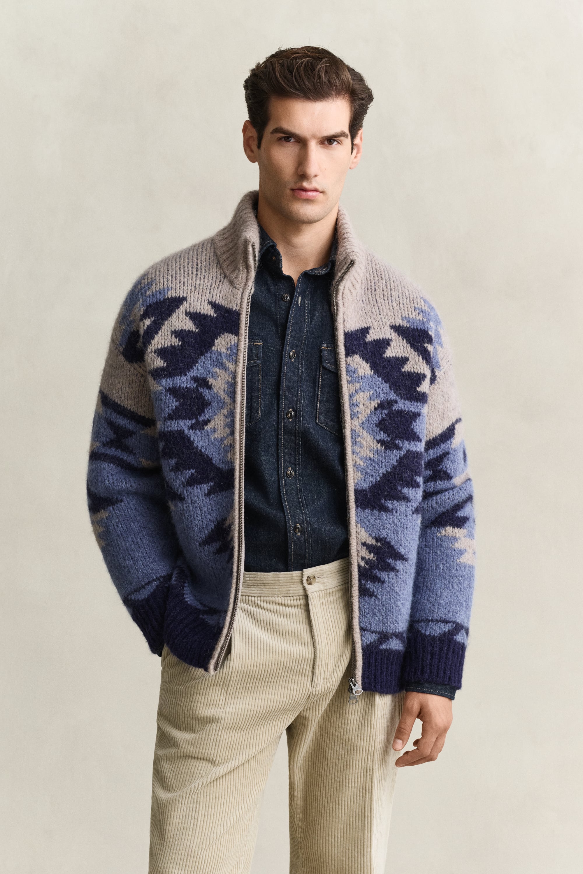 Alpaca Wool Blend Jacquard Zip Cardigan HORIZON