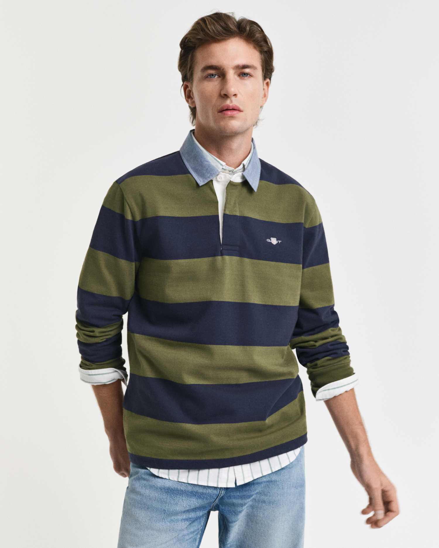 Gant Men's Green Chambray Collar Striped Heavy Rugger ) Xxl