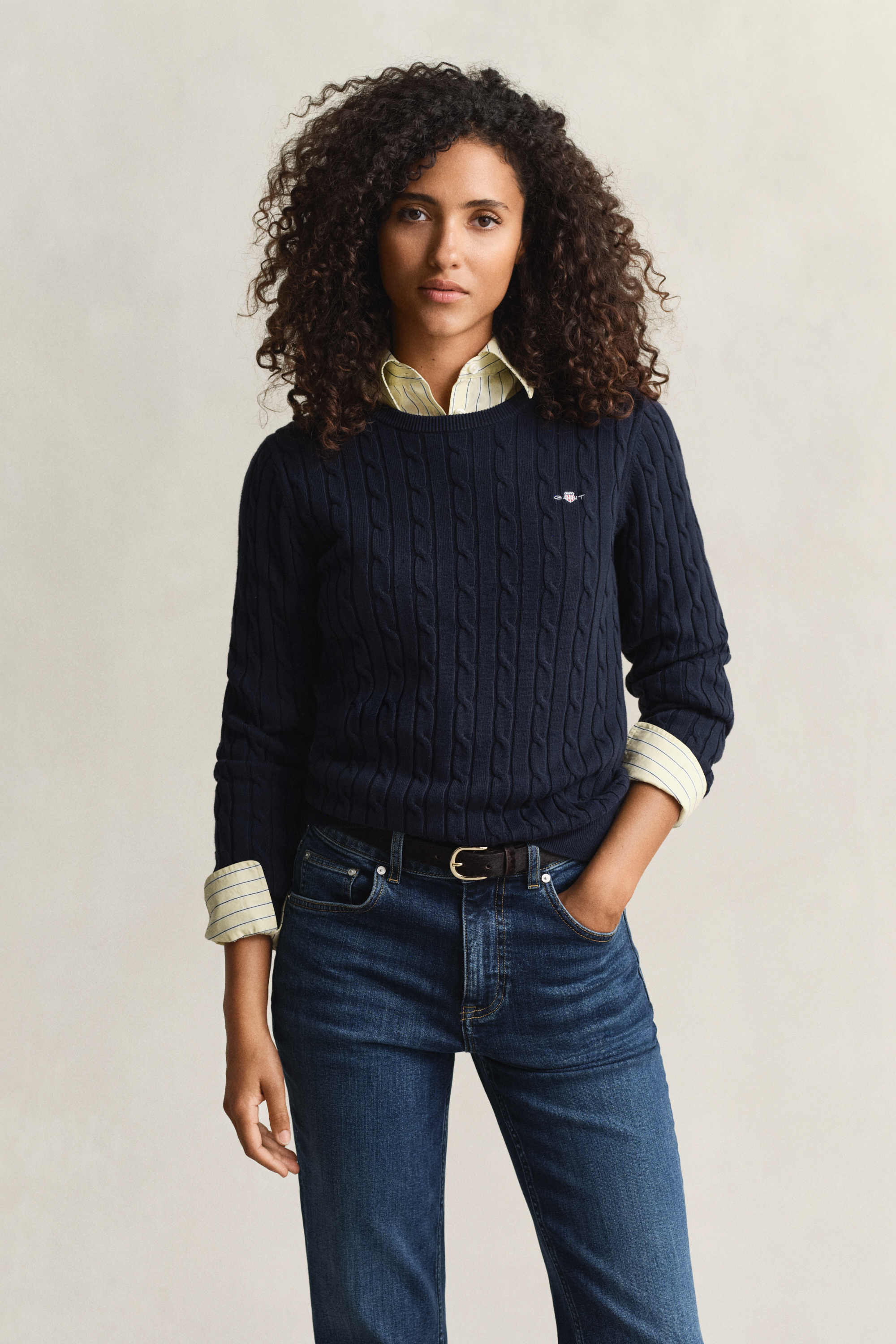 Gant Women's Navy Cable Knit Crew Neck Sweater (Xxs) Evening Blue