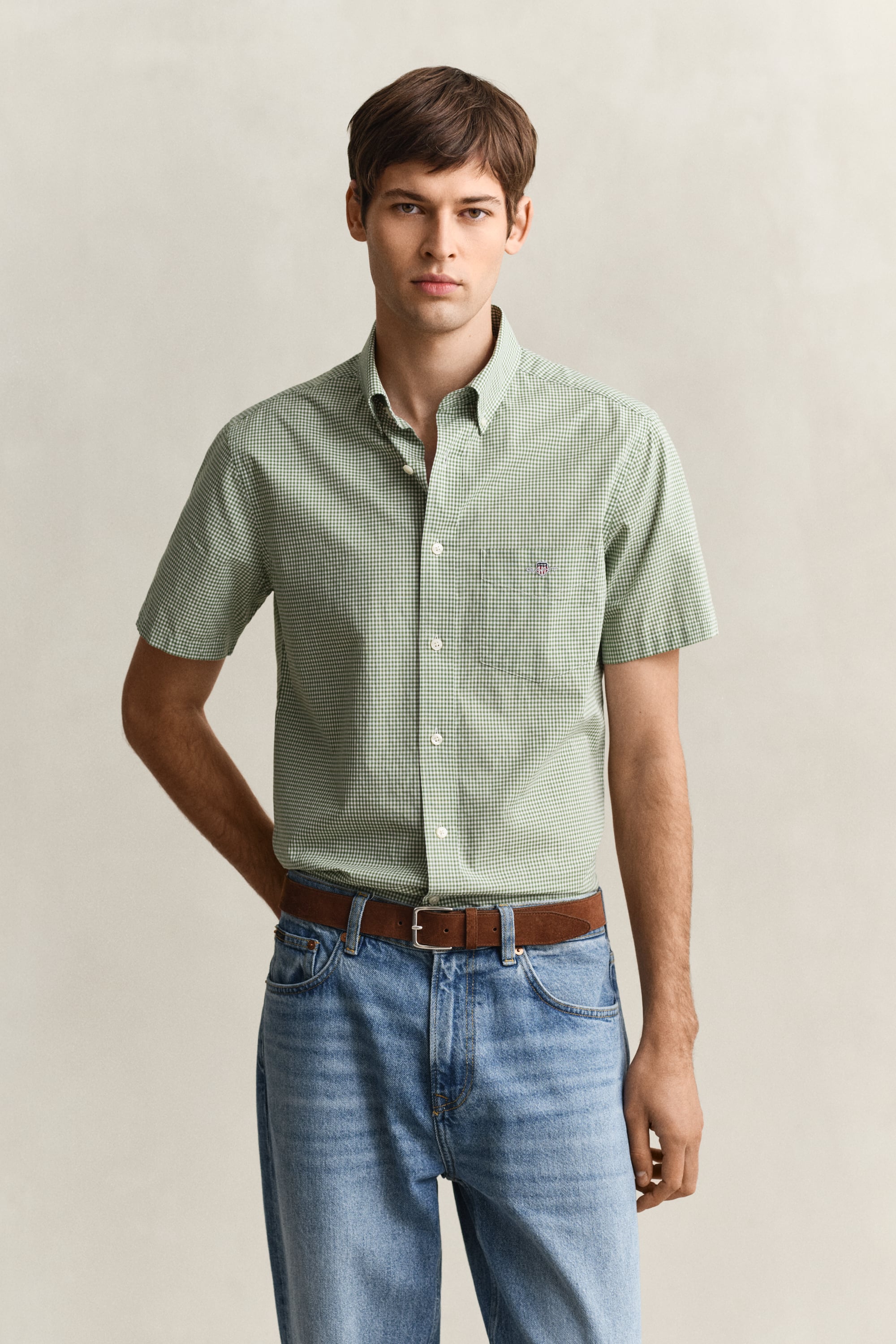 Gant Men's Herb Green Gingham Classic Poplin Short Sleeve Shirt (Xxl)