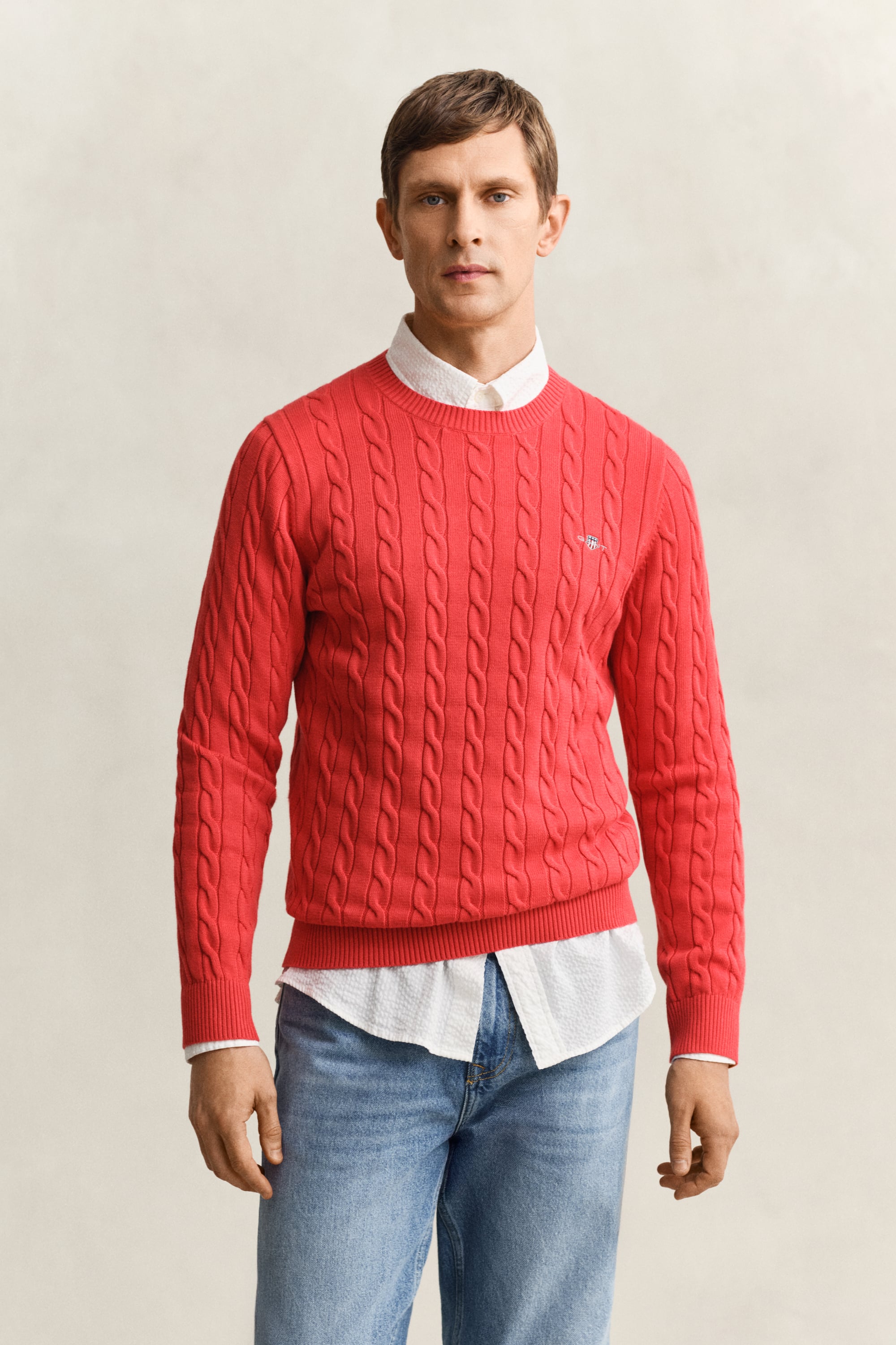 Gant Men's Rose Red Cotton Cable Knit Crew Neck Sweater (Xxxl)