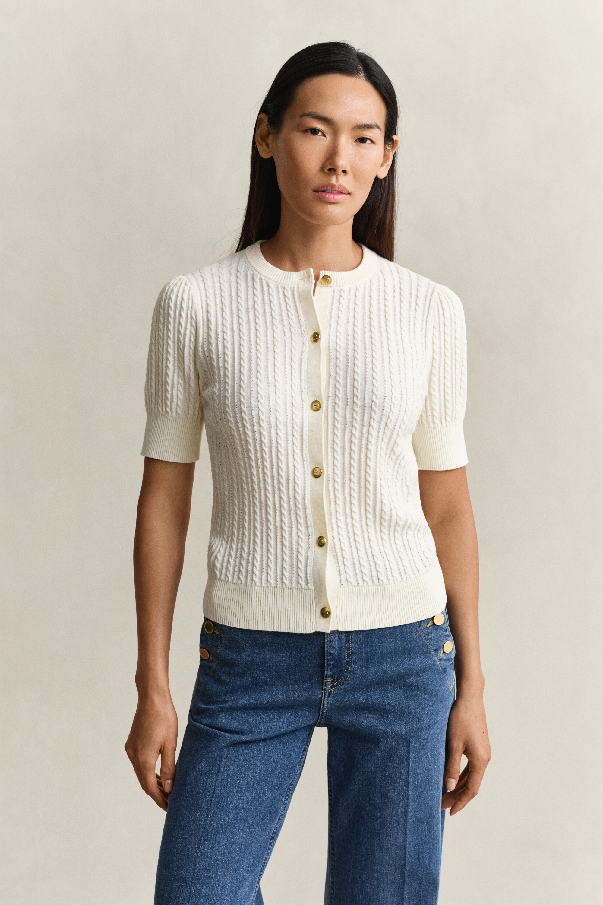 Gant Women's White Cotton Cable Knit Cardigan (S) Cream