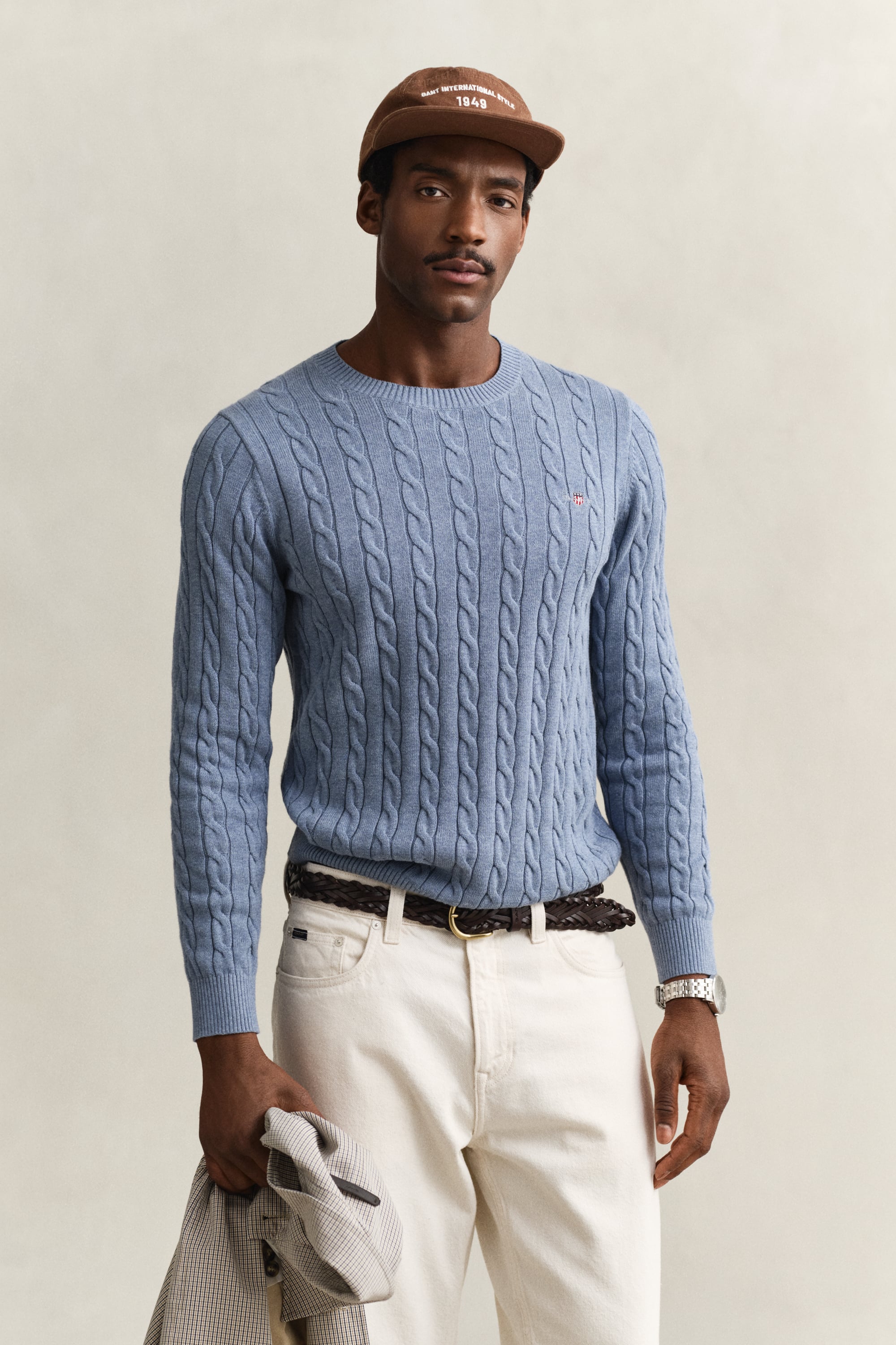 Gant Men's Faded Denim Cotton Cable Knit Crew Neck Sweater (Xxl)