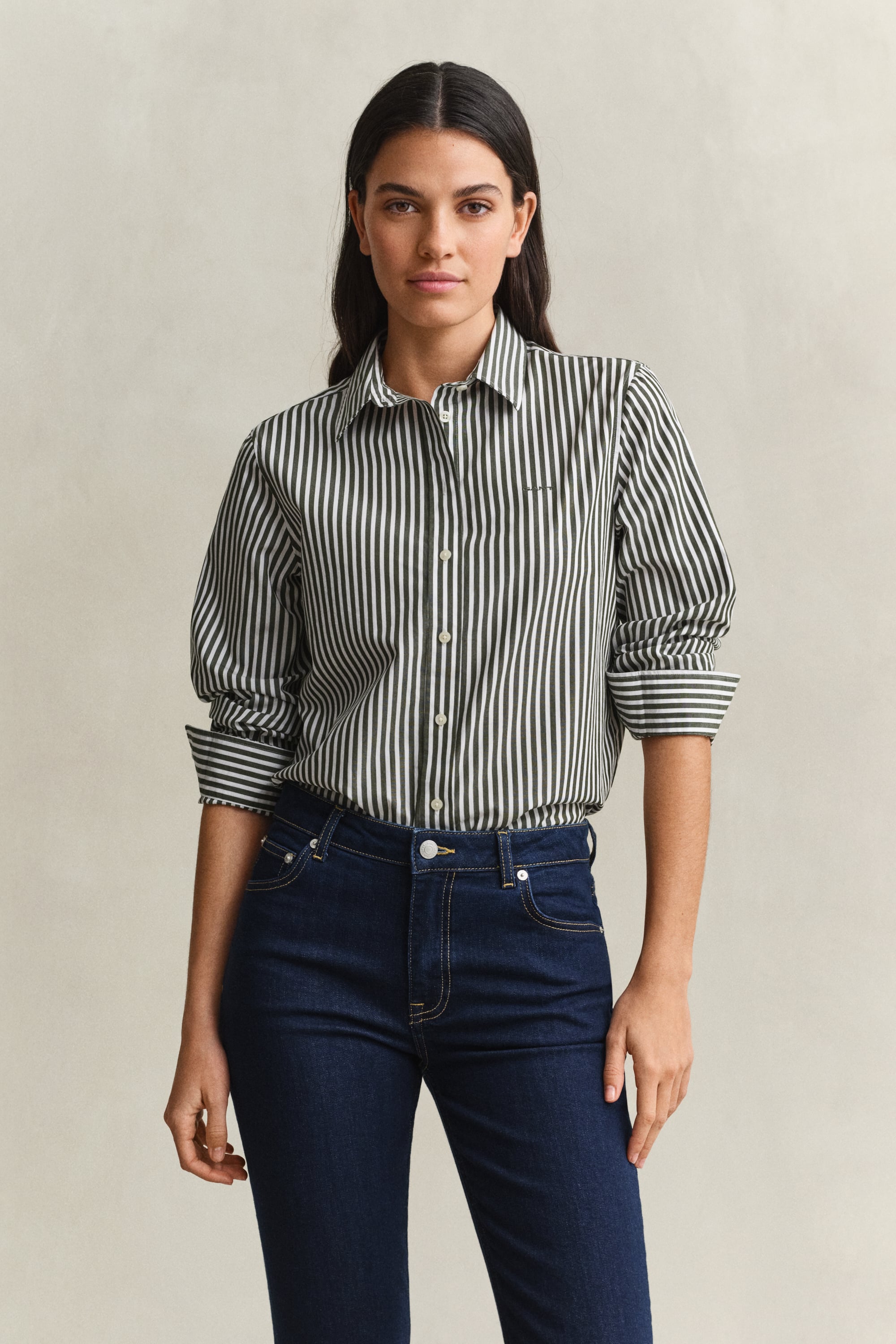 Gant Regular Fit Striped Classic Poplin Shirt In Green